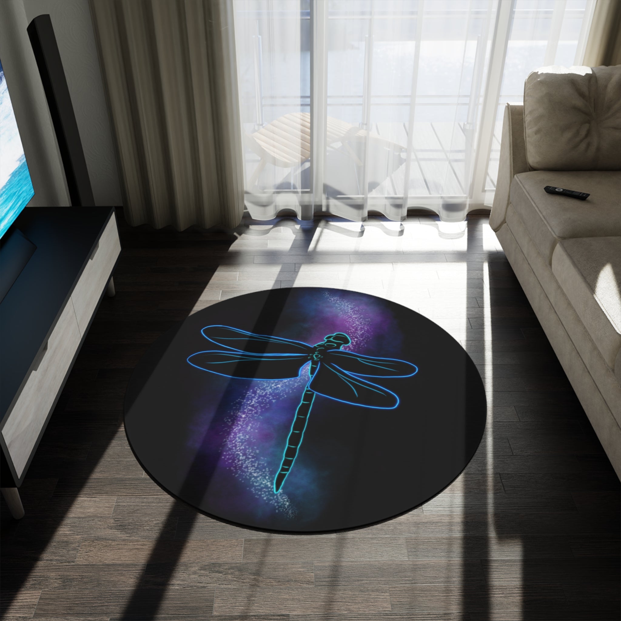 Dragonfly Galaxy Round Rug — Neon Blue Insect Accent Mat