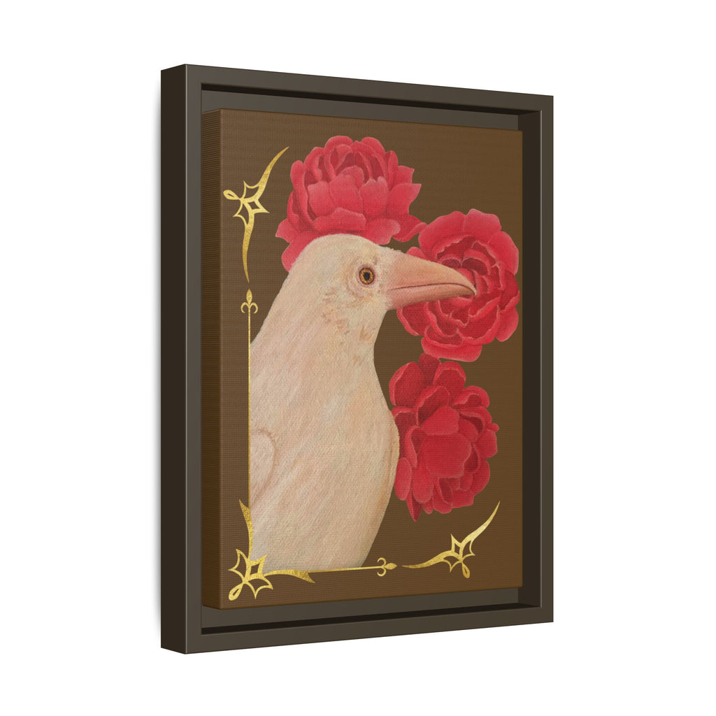 Framed Matte Canvas: White Raven with Red Peonies Art Print