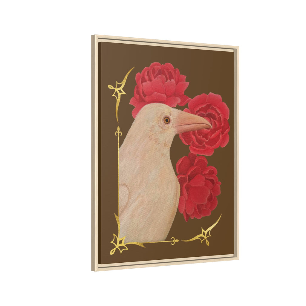 Framed Matte Canvas: White Raven with Red Peonies Art Print