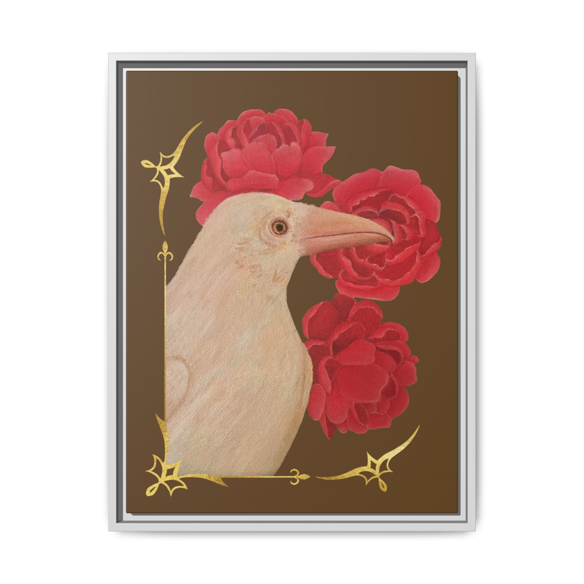 Framed Matte Canvas: White Raven with Red Peonies Art Print