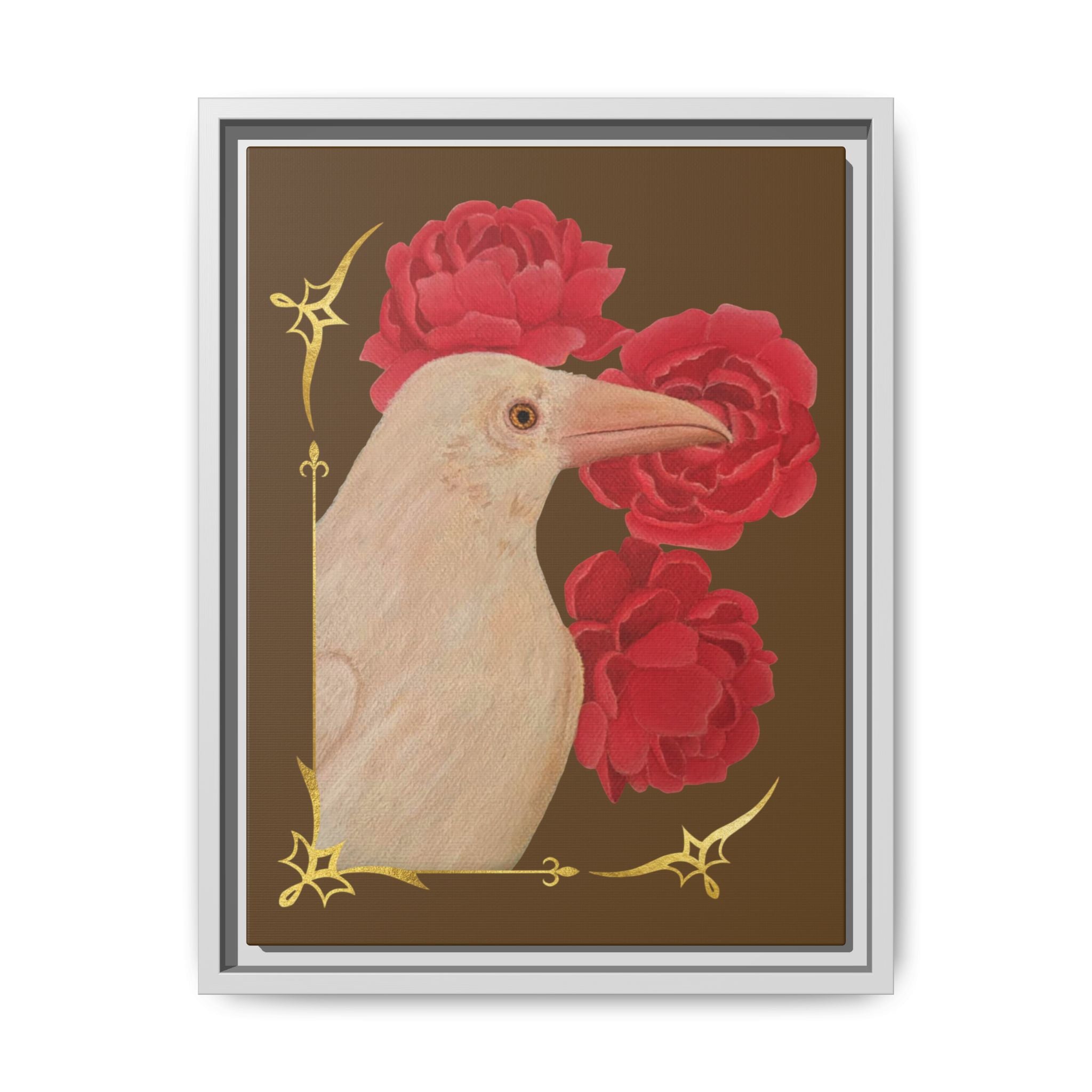 Framed Matte Canvas: White Raven with Red Peonies Art Print