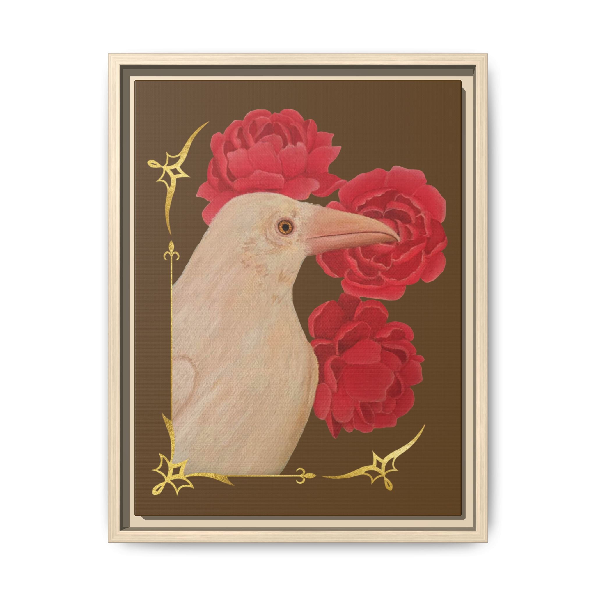 Framed Matte Canvas: White Raven with Red Peonies Art Print