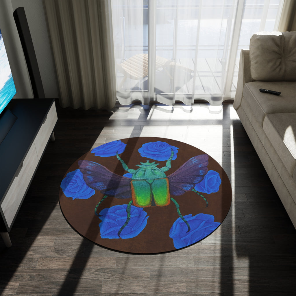 Round Rug — Emerald Beetle & Blue Roses Decorative Floor Mat