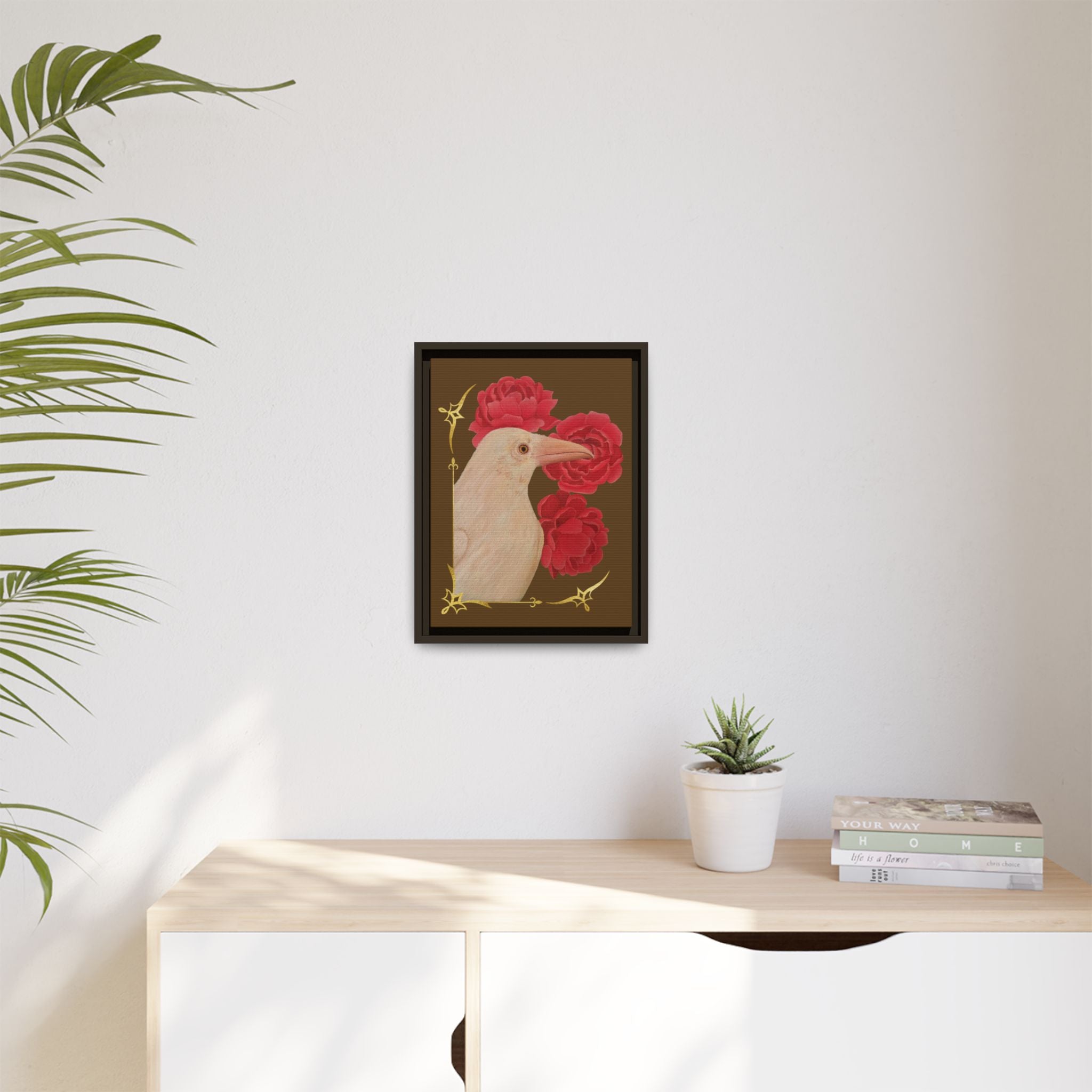 Framed Matte Canvas: White Raven with Red Peonies Art Print