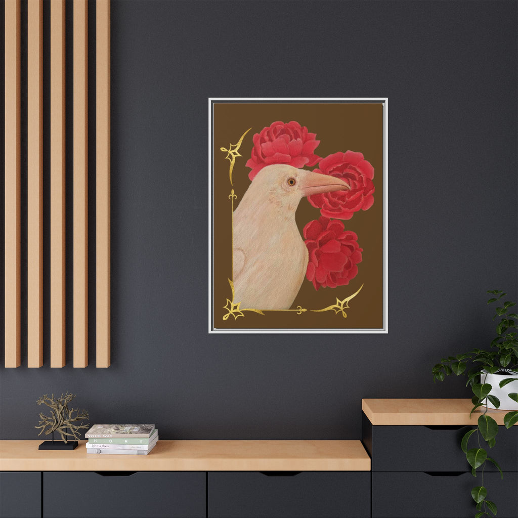 Framed Matte Canvas: White Raven with Red Peonies Art Print