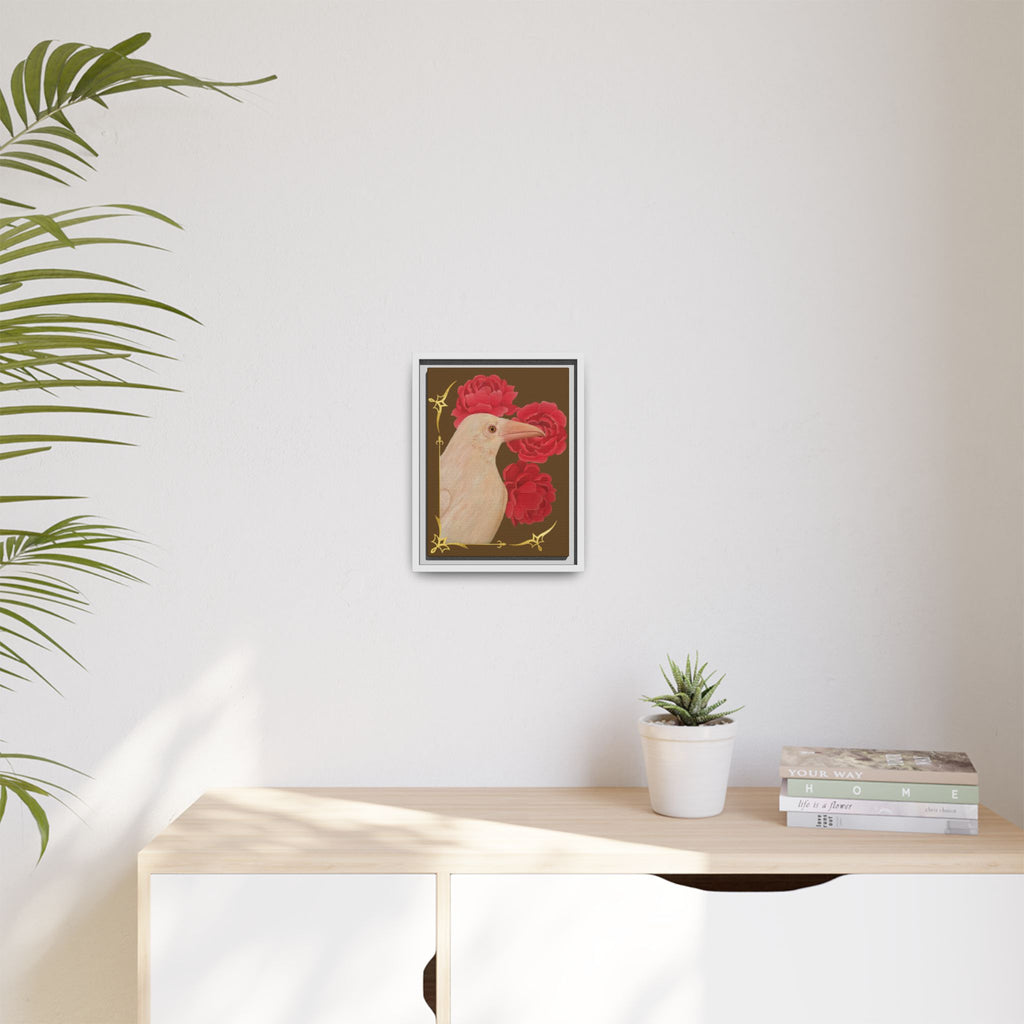 Framed Matte Canvas: White Raven with Red Peonies Art Print