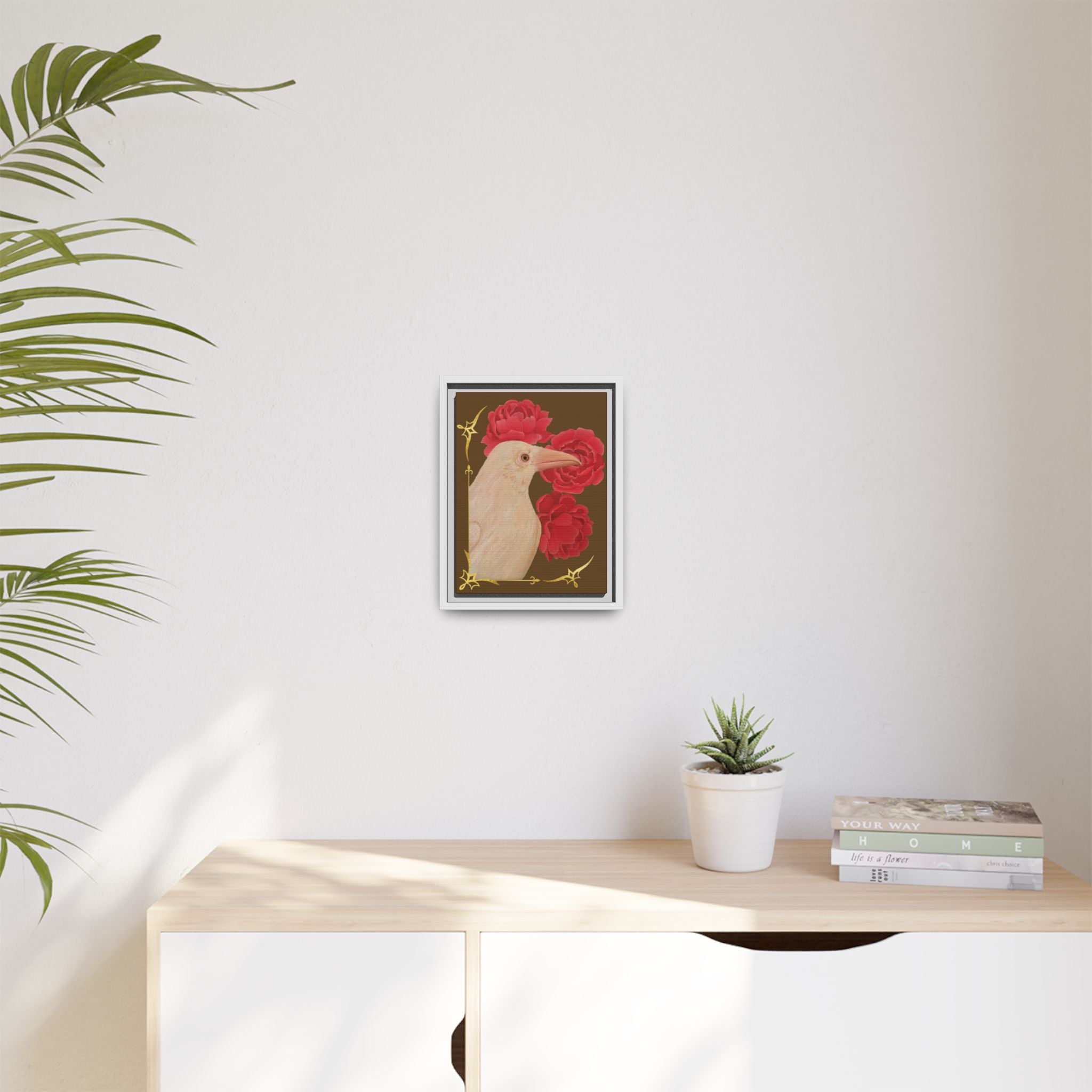 Framed Matte Canvas: White Raven with Red Peonies Art Print