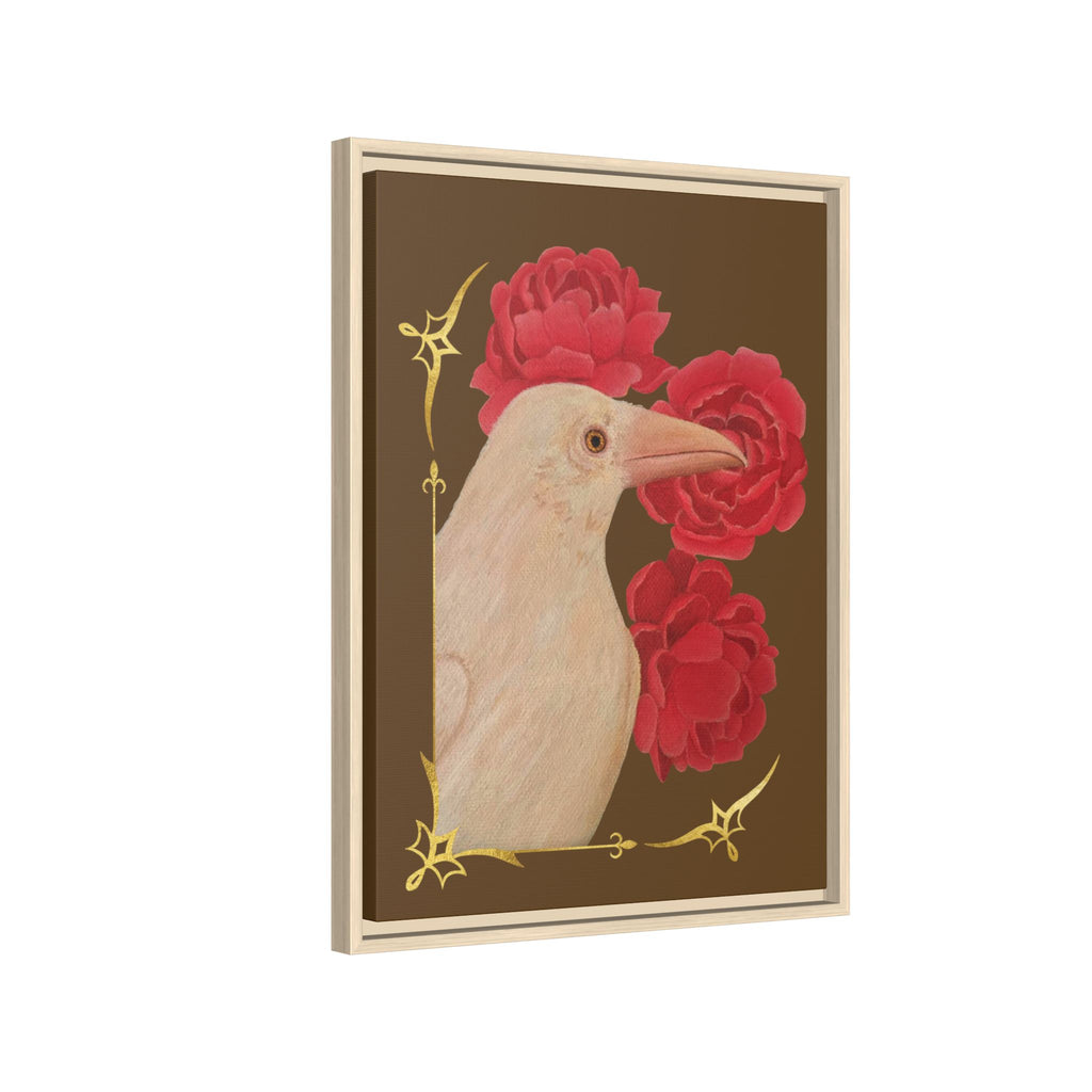 Framed Matte Canvas: White Raven with Red Peonies Art Print
