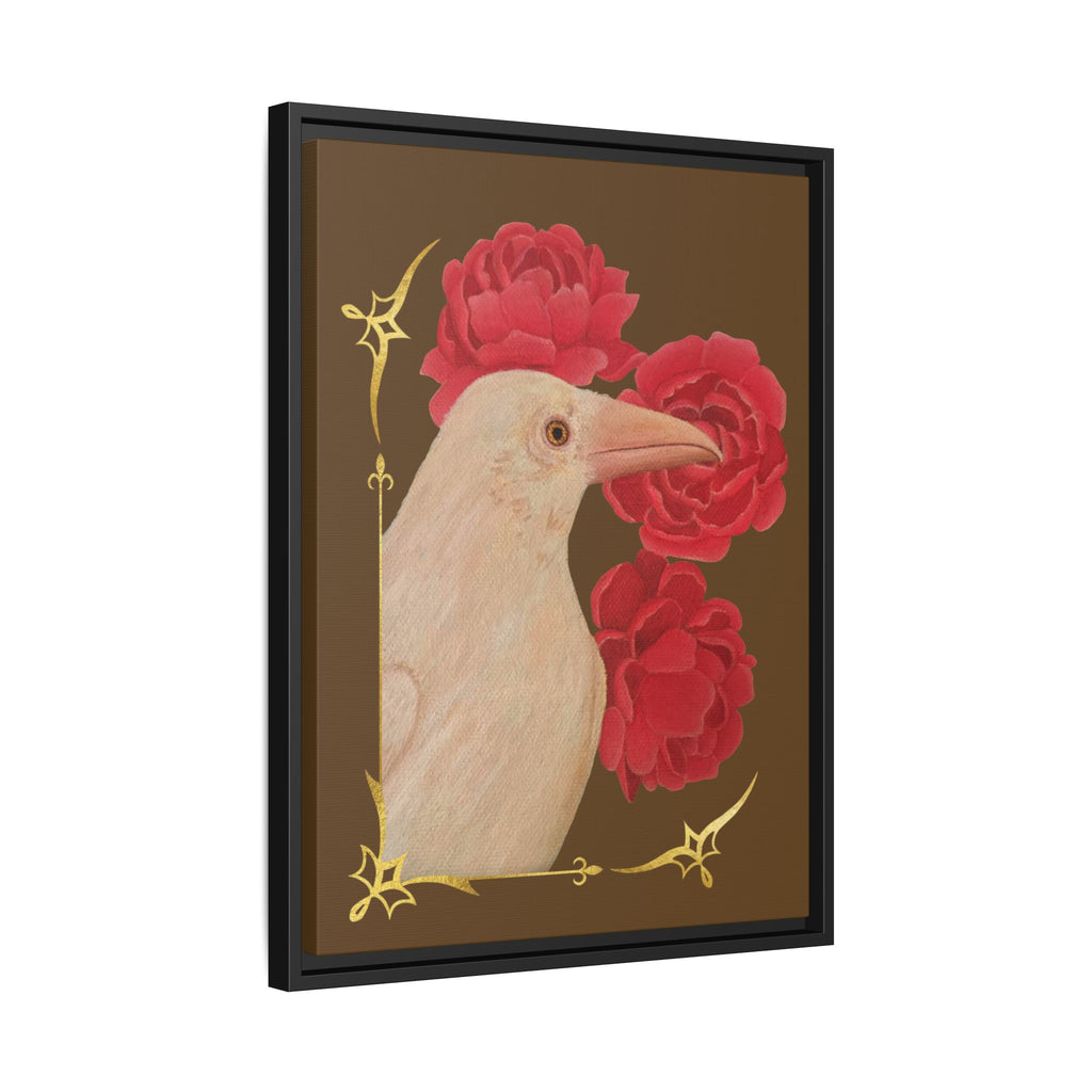 Framed Matte Canvas: White Raven with Red Peonies Art Print