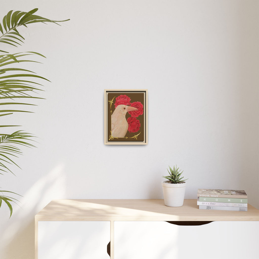Framed Matte Canvas: White Raven with Red Peonies Art Print