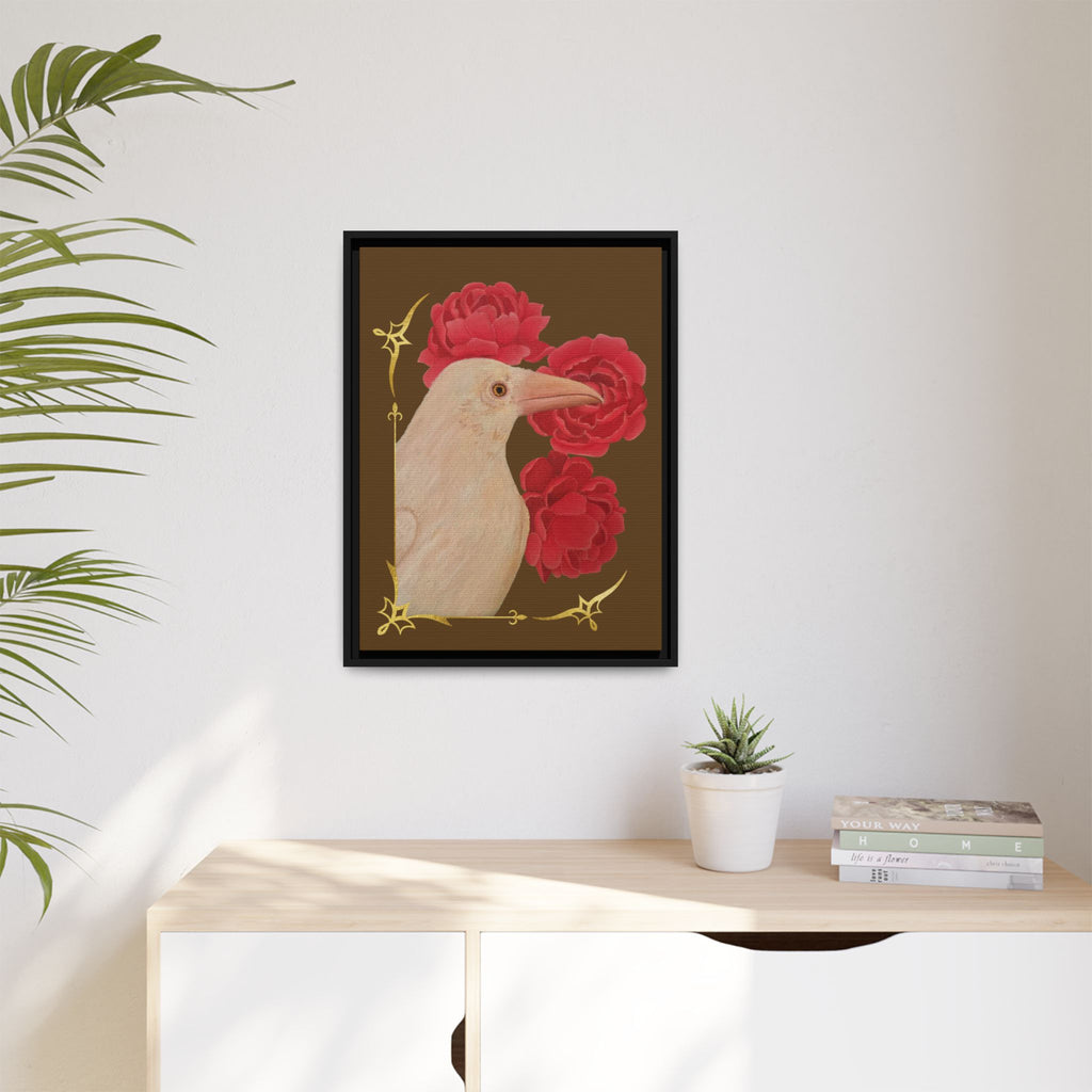 Framed Matte Canvas: White Raven with Red Peonies Art Print