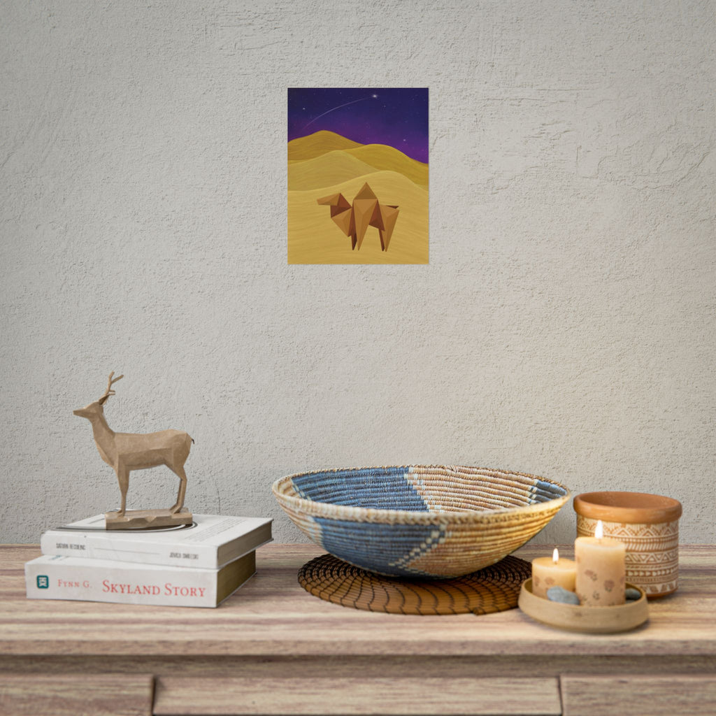 Desert Origami Camel Poster — Starry Night Sand Dunes Rolled Art Print