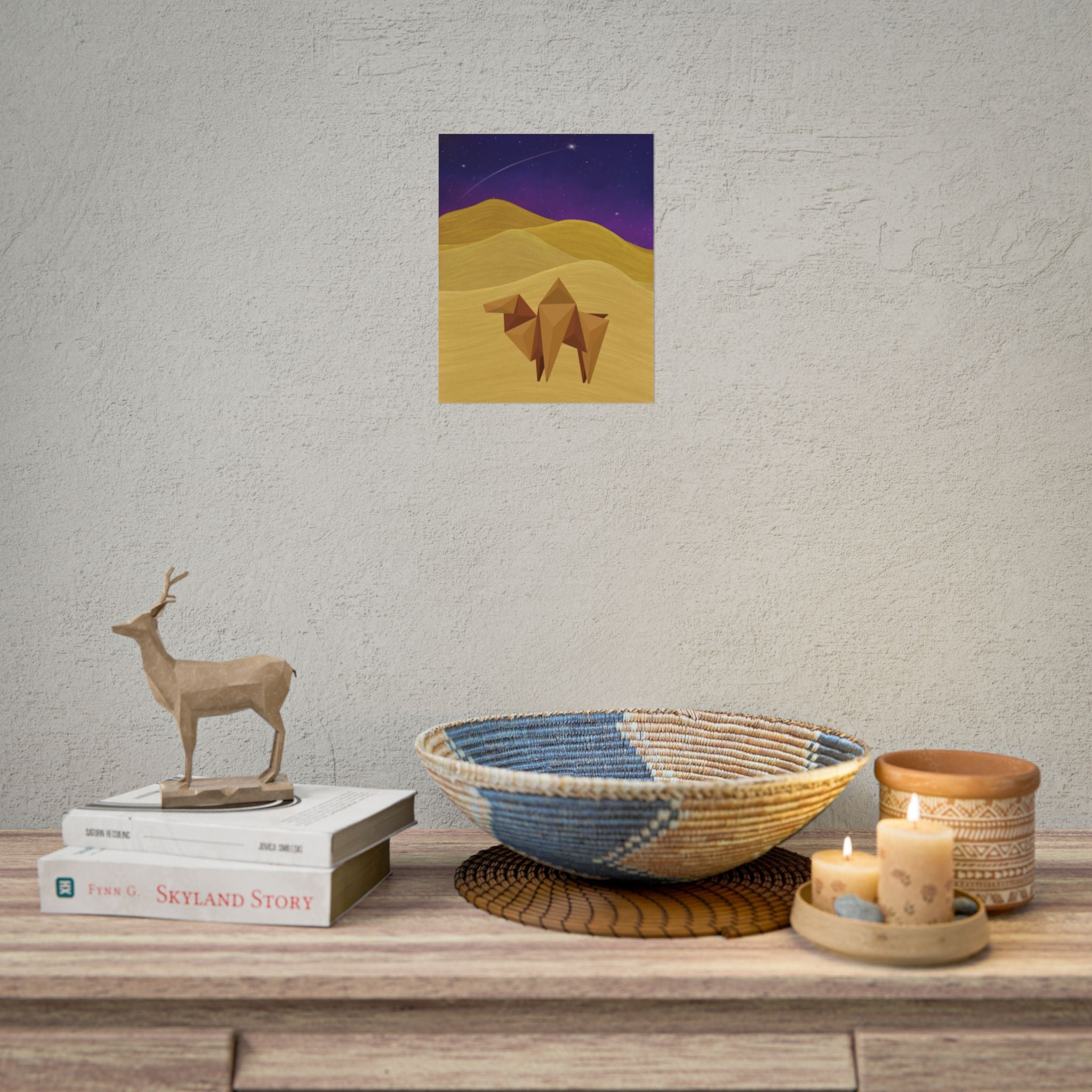 Desert Origami Camel Poster — Starry Night Sand Dunes Rolled Art Print