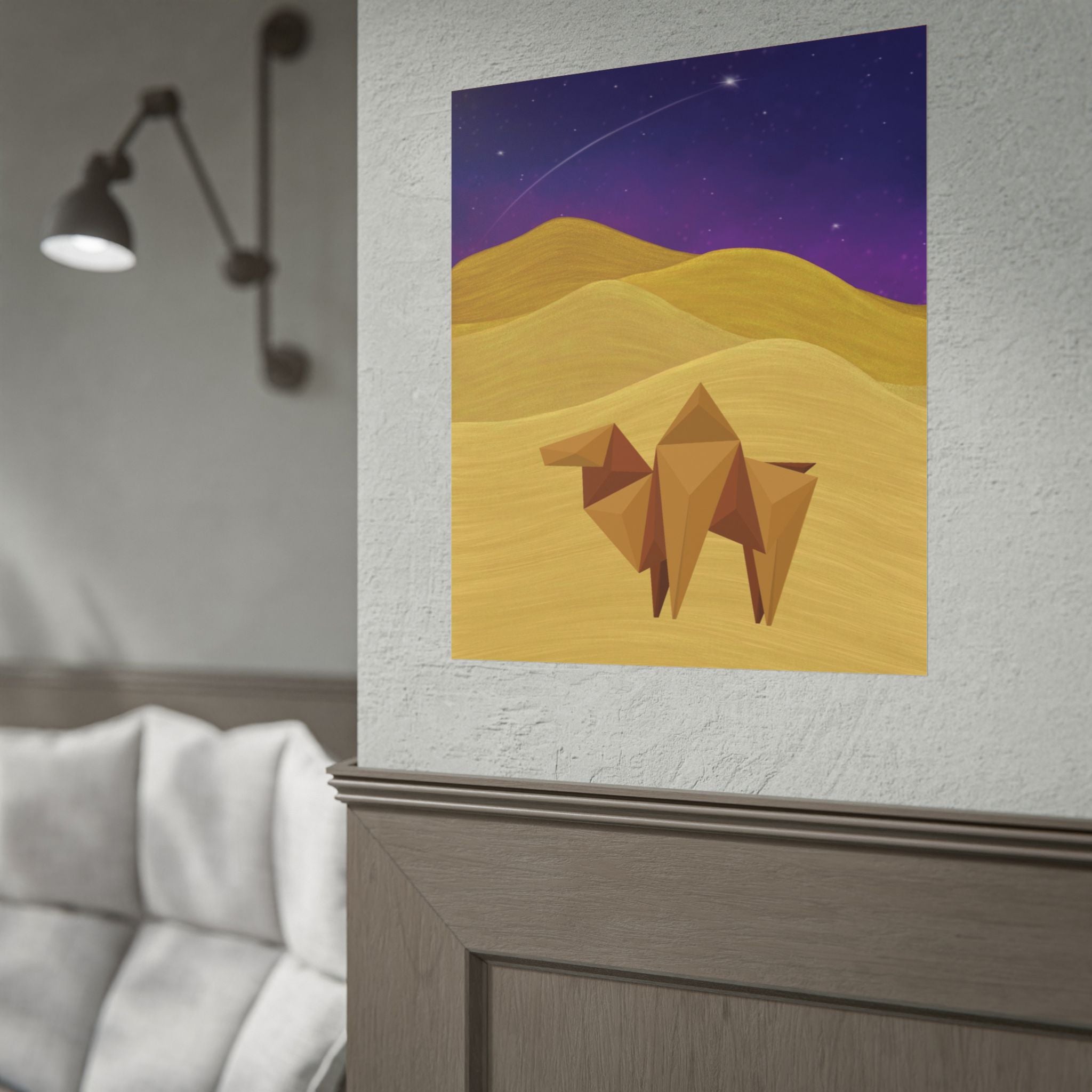 Desert Origami Camel Poster — Starry Night Sand Dunes Rolled Art Print
