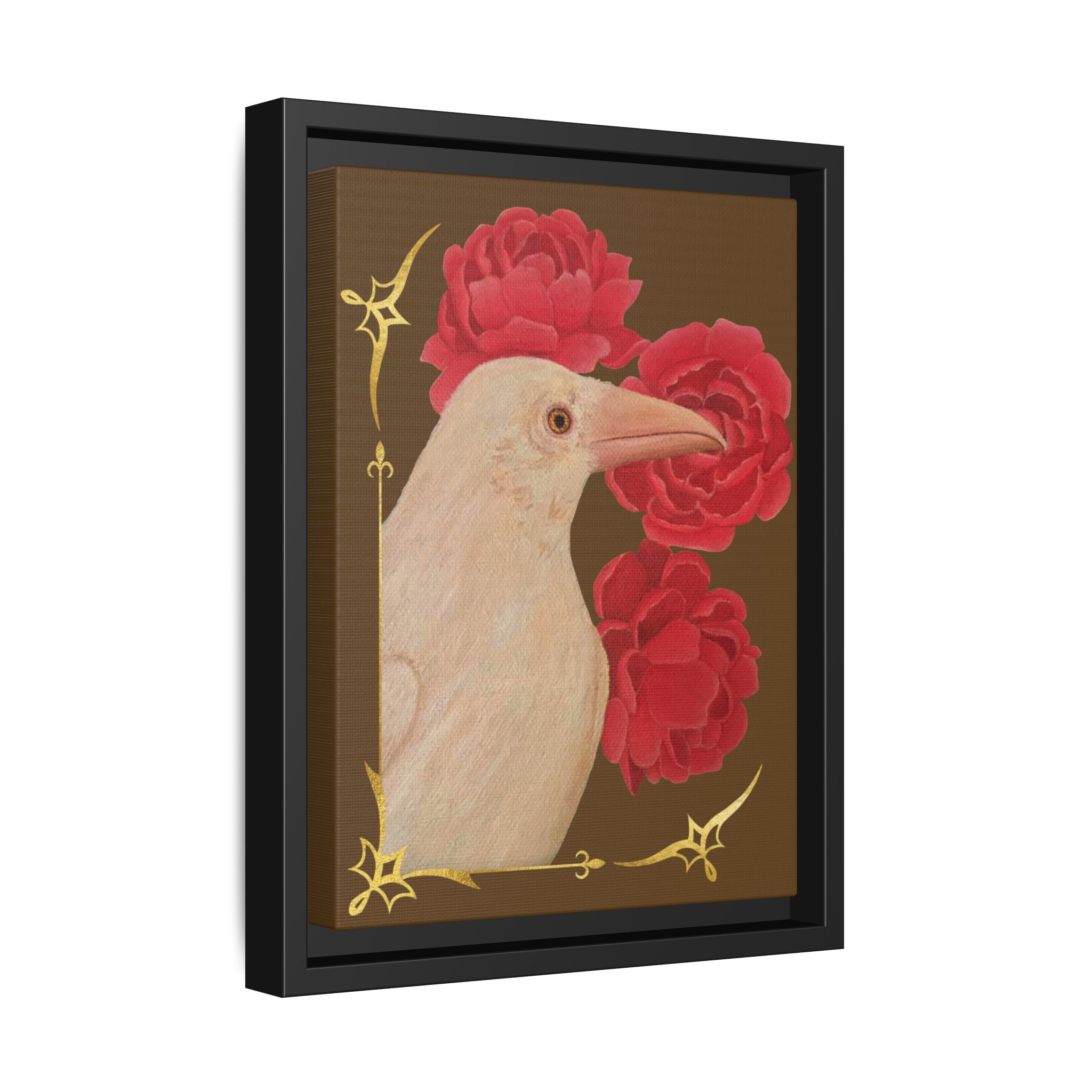 Framed Matte Canvas: White Raven with Red Peonies Art Print