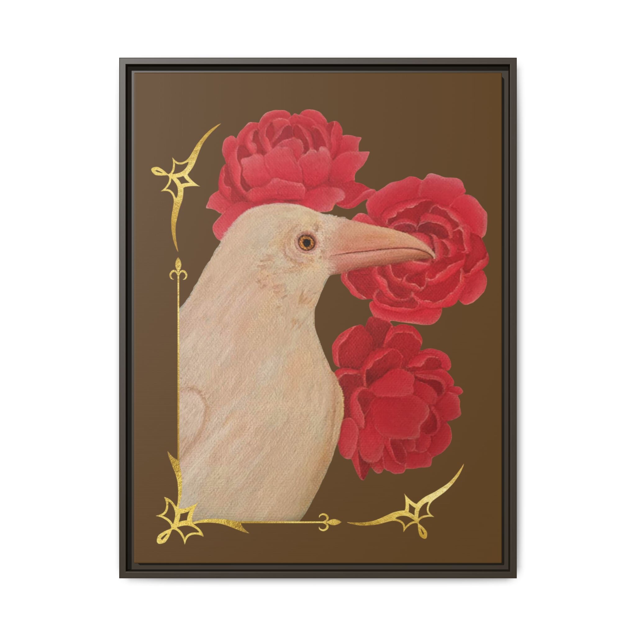 Framed Matte Canvas: White Raven with Red Peonies Art Print