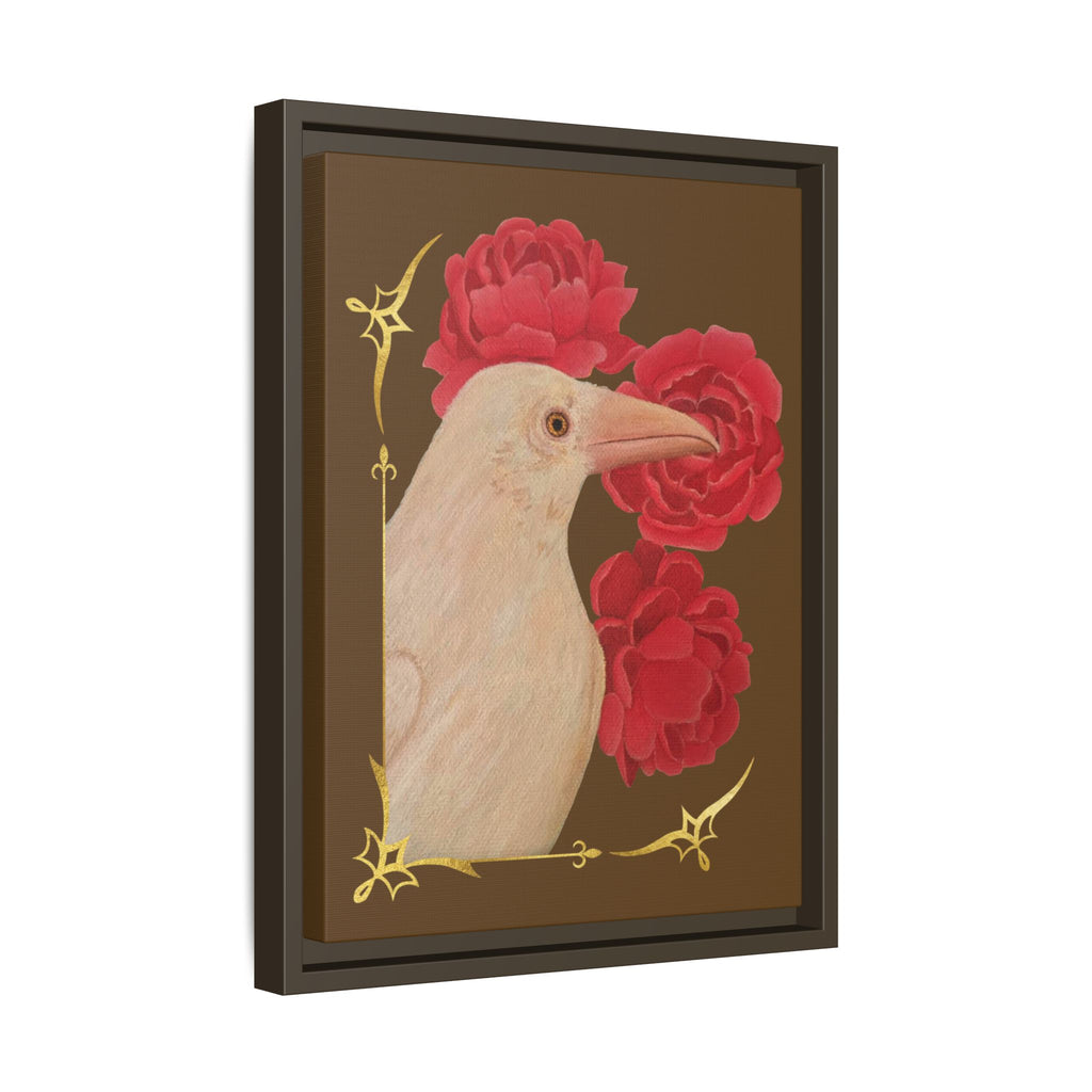 Framed Matte Canvas: White Raven with Red Peonies Art Print