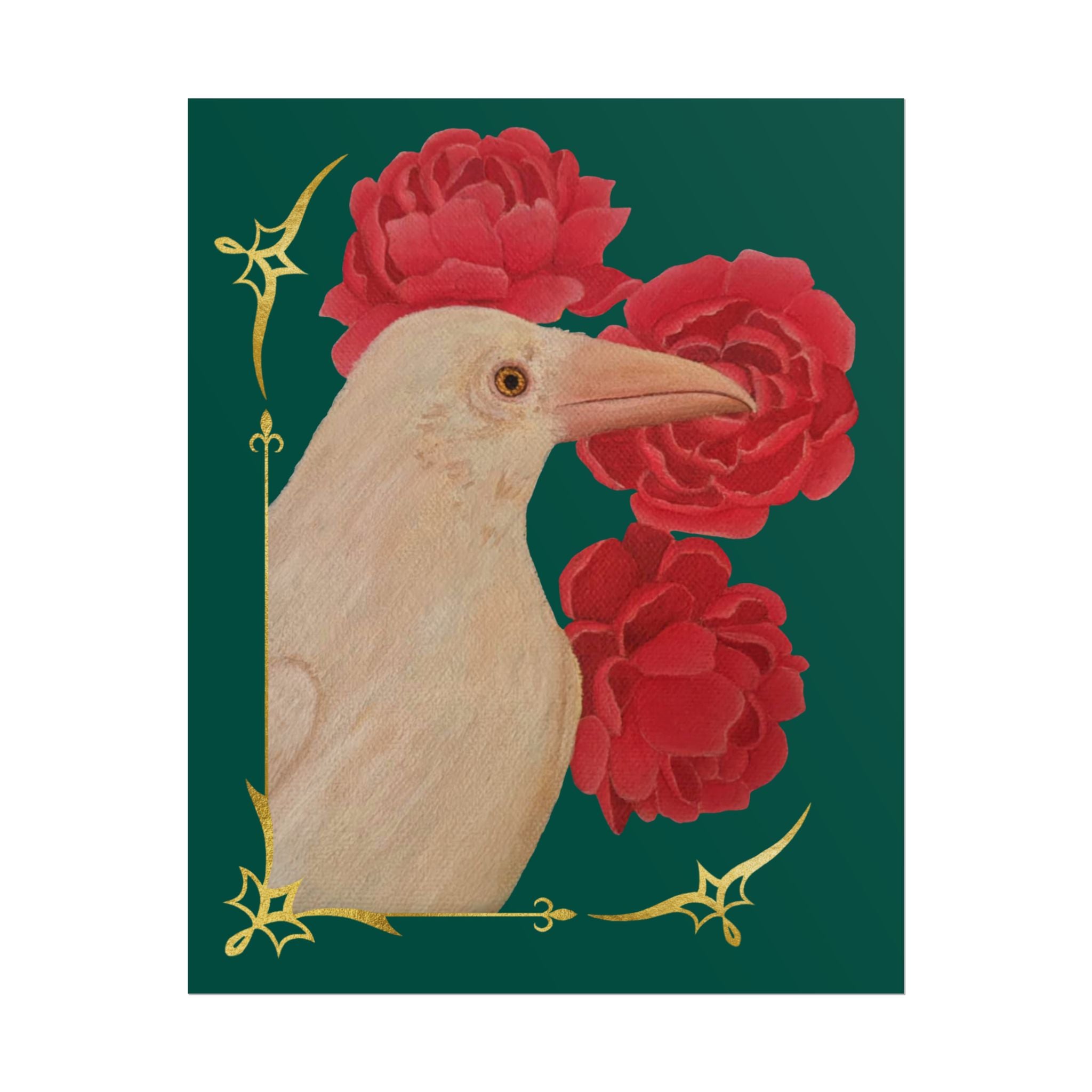 Poster — Ivory Raven with Red Peonies, Gold Accent Art Print