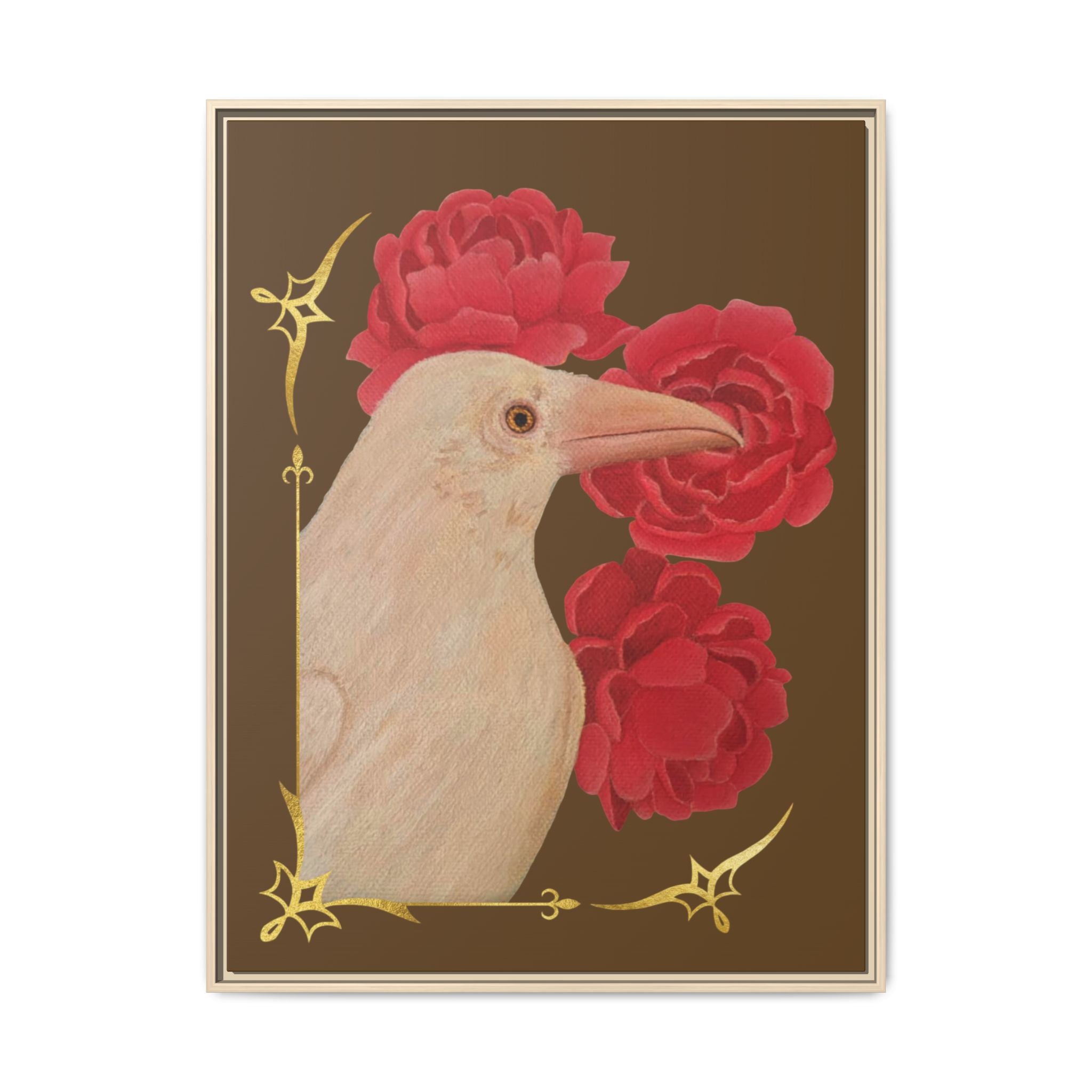 Framed Matte Canvas: White Raven with Red Peonies Art Print