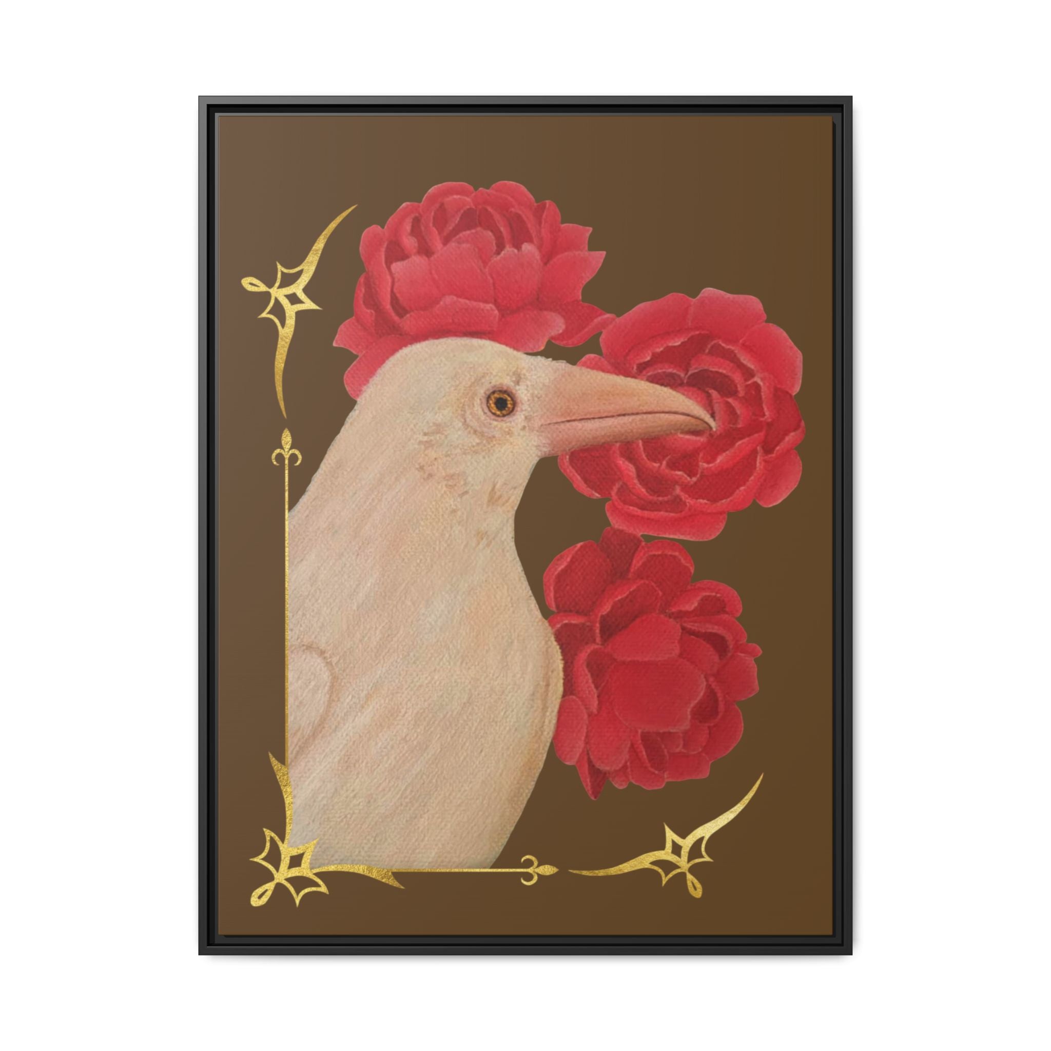 Framed Matte Canvas: White Raven with Red Peonies Art Print