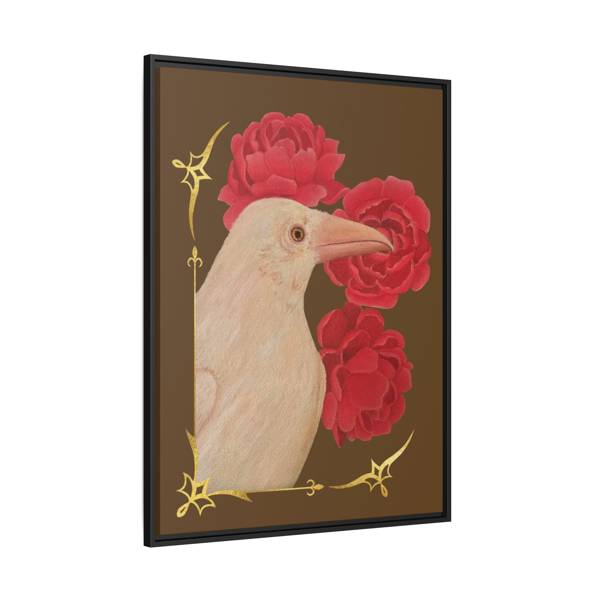 Framed Matte Canvas: White Raven with Red Peonies Art Print