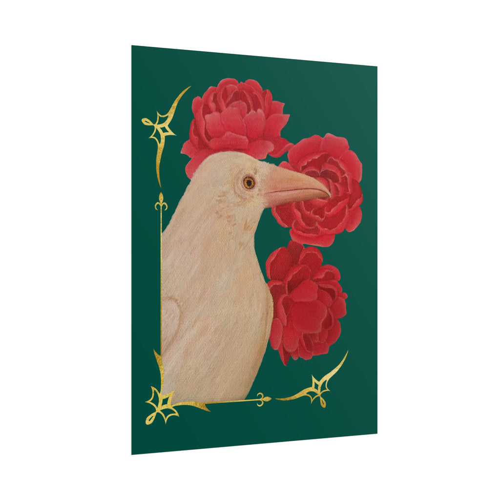 Poster — Ivory Raven with Red Peonies, Gold Accent Art Print