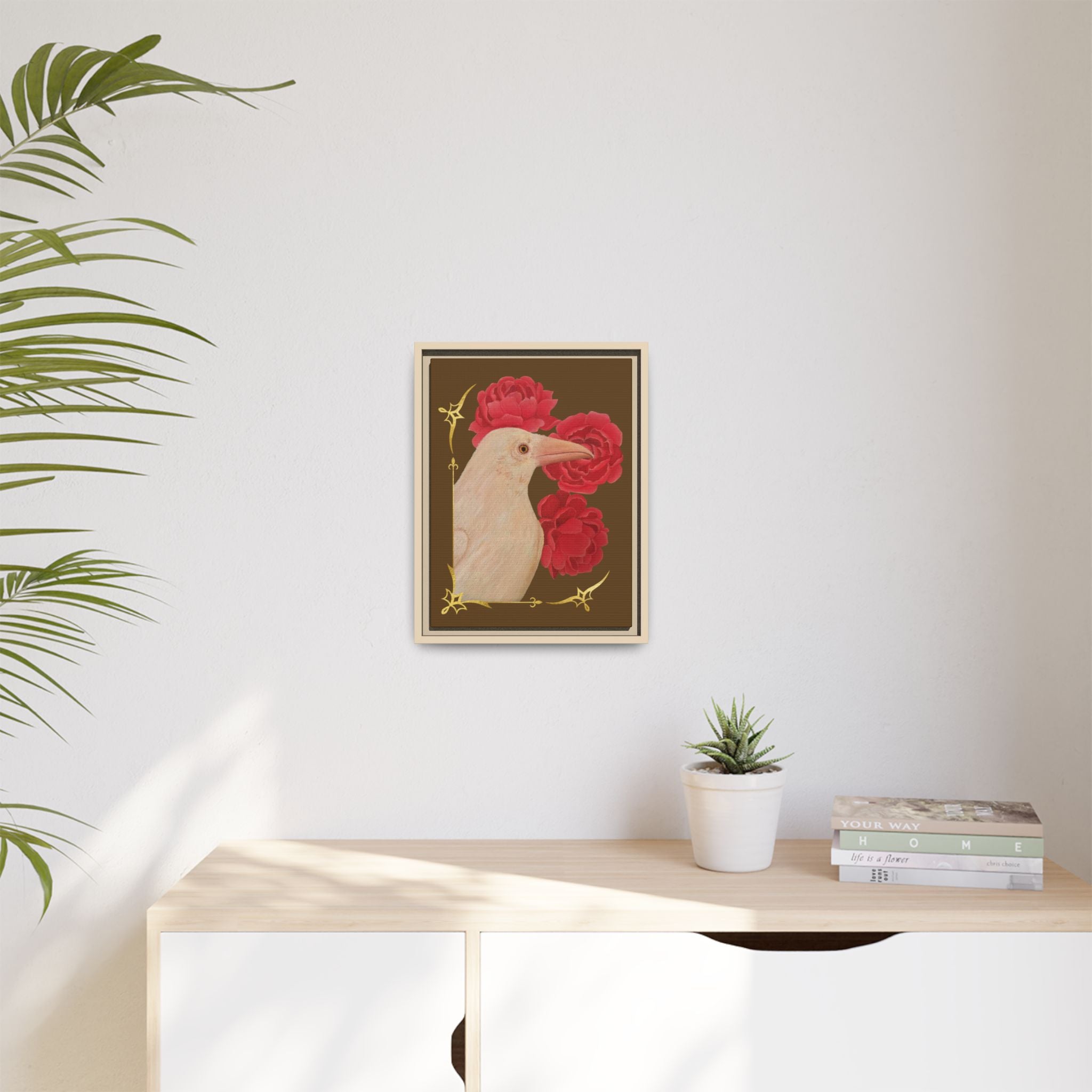 Framed Matte Canvas: White Raven with Red Peonies Art Print