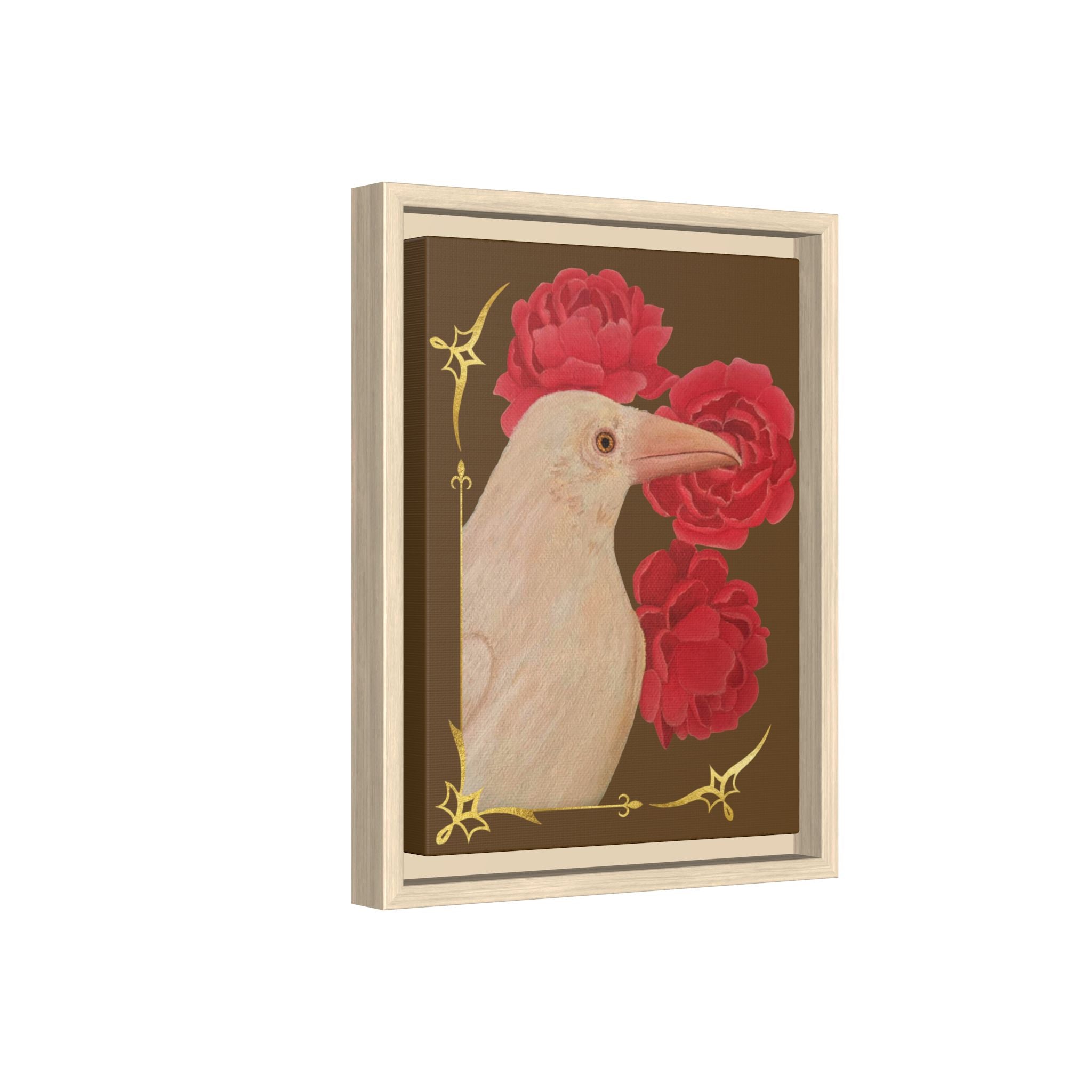 Framed Matte Canvas: White Raven with Red Peonies Art Print