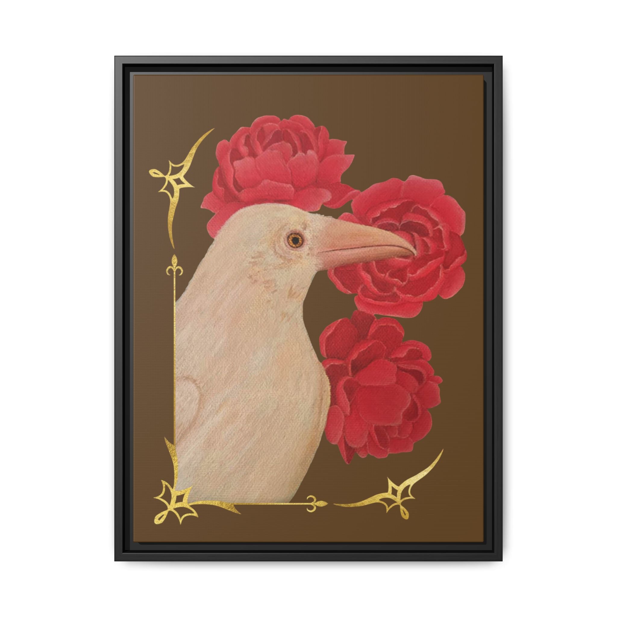 Framed Matte Canvas: White Raven with Red Peonies Art Print