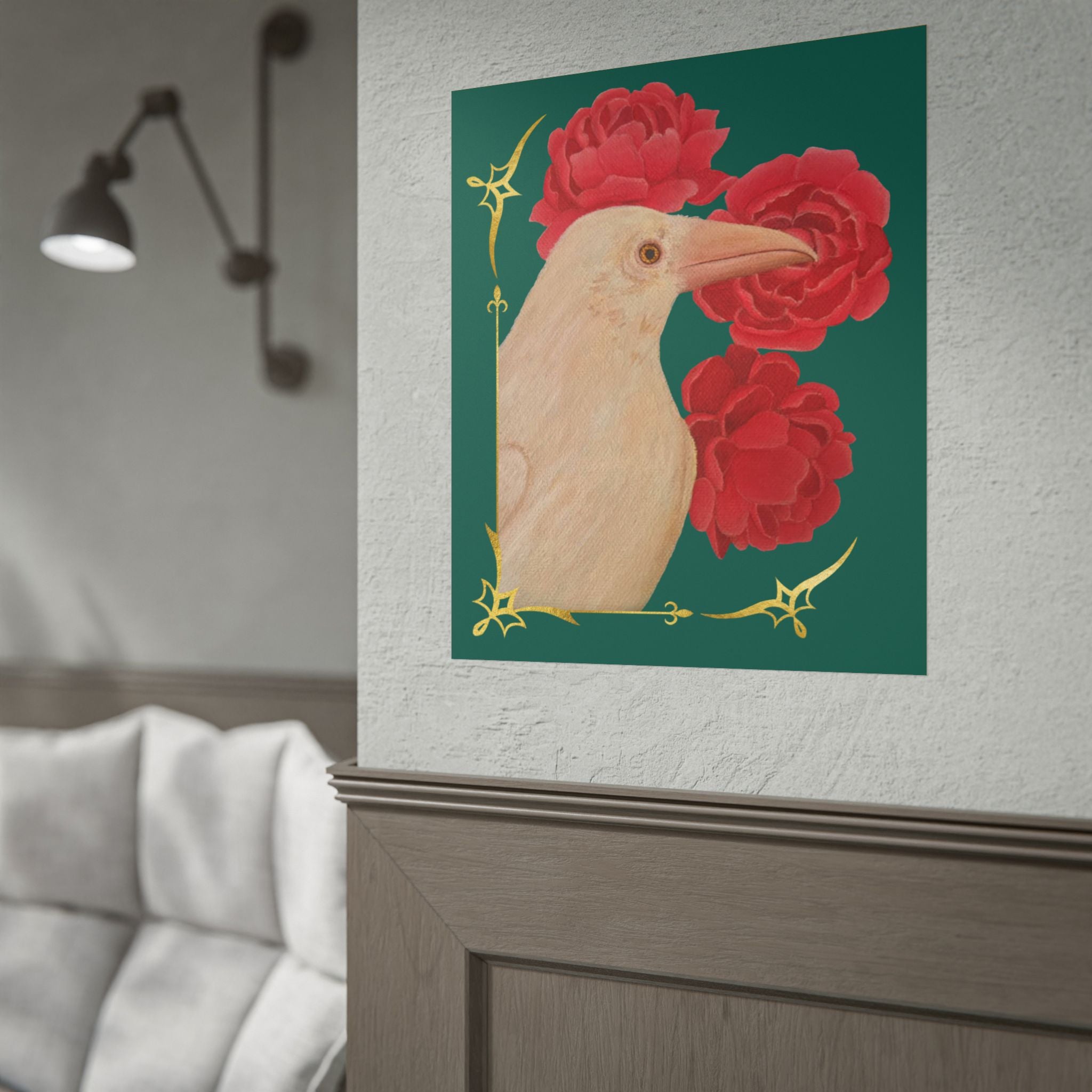Poster — Ivory Raven with Red Peonies, Gold Accent Art Print