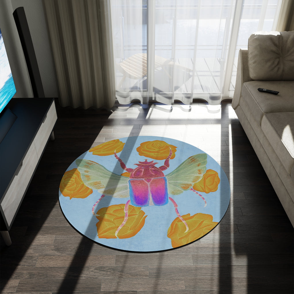 Round Botanical Beetle Rug — Colorful Scarab & Yellow Roses Accent Mat
