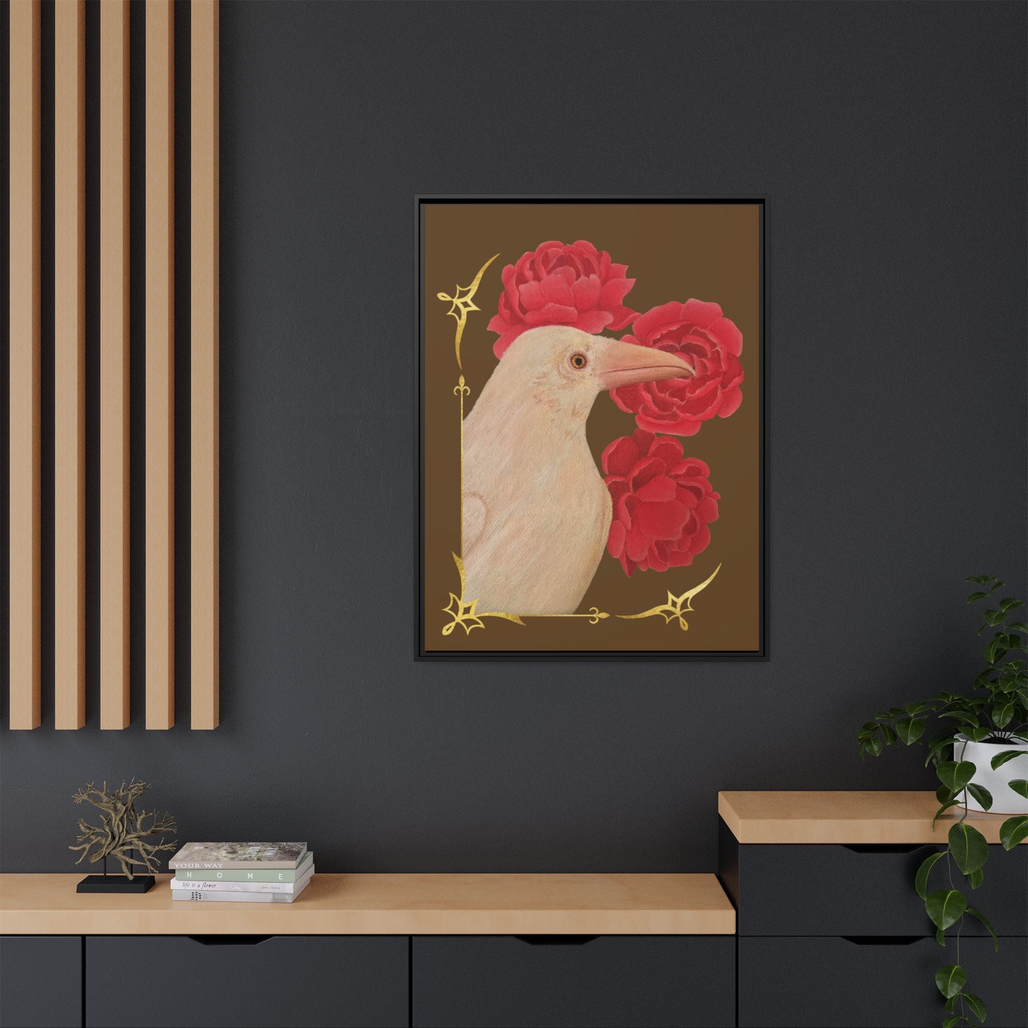 Framed Matte Canvas: White Raven with Red Peonies Art Print