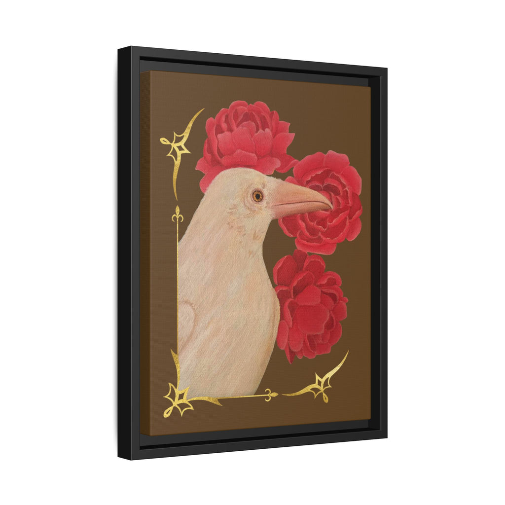 Framed Matte Canvas: White Raven with Red Peonies Art Print