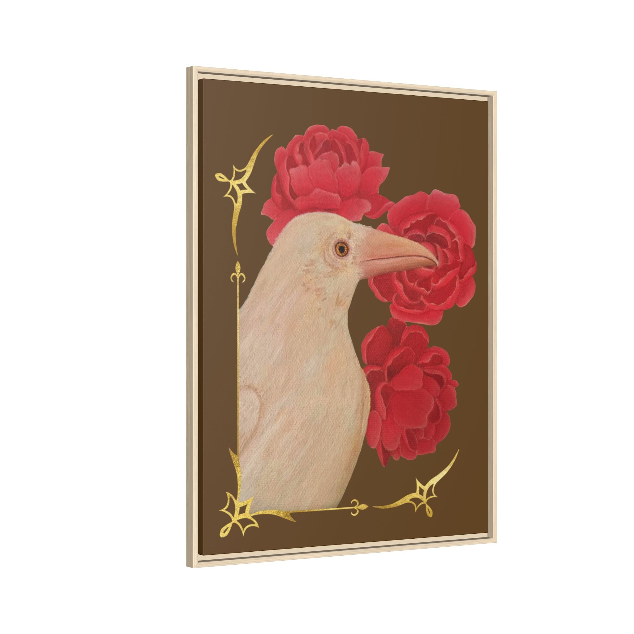 Framed Matte Canvas: White Raven with Red Peonies Art Print