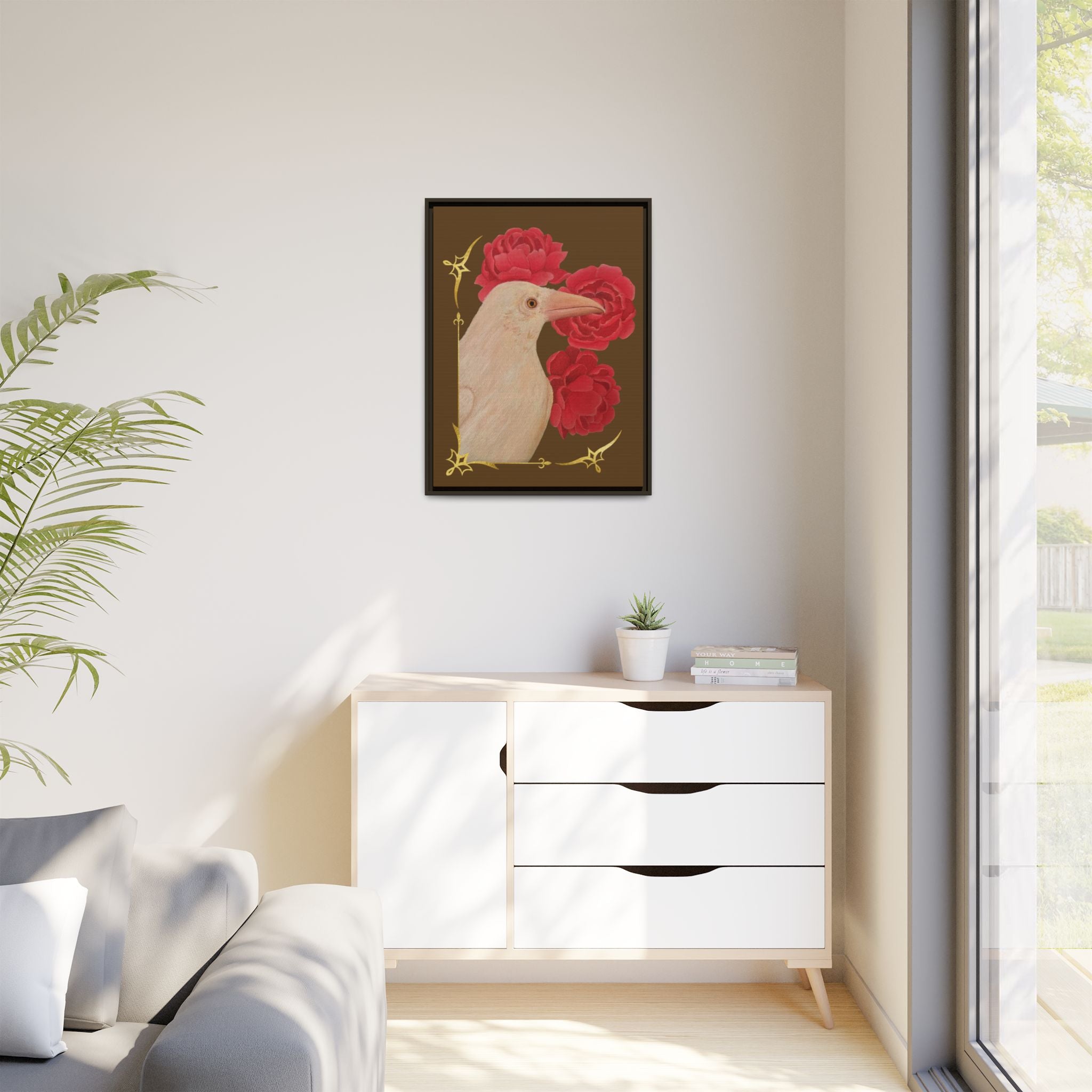 Framed Matte Canvas: White Raven with Red Peonies Art Print