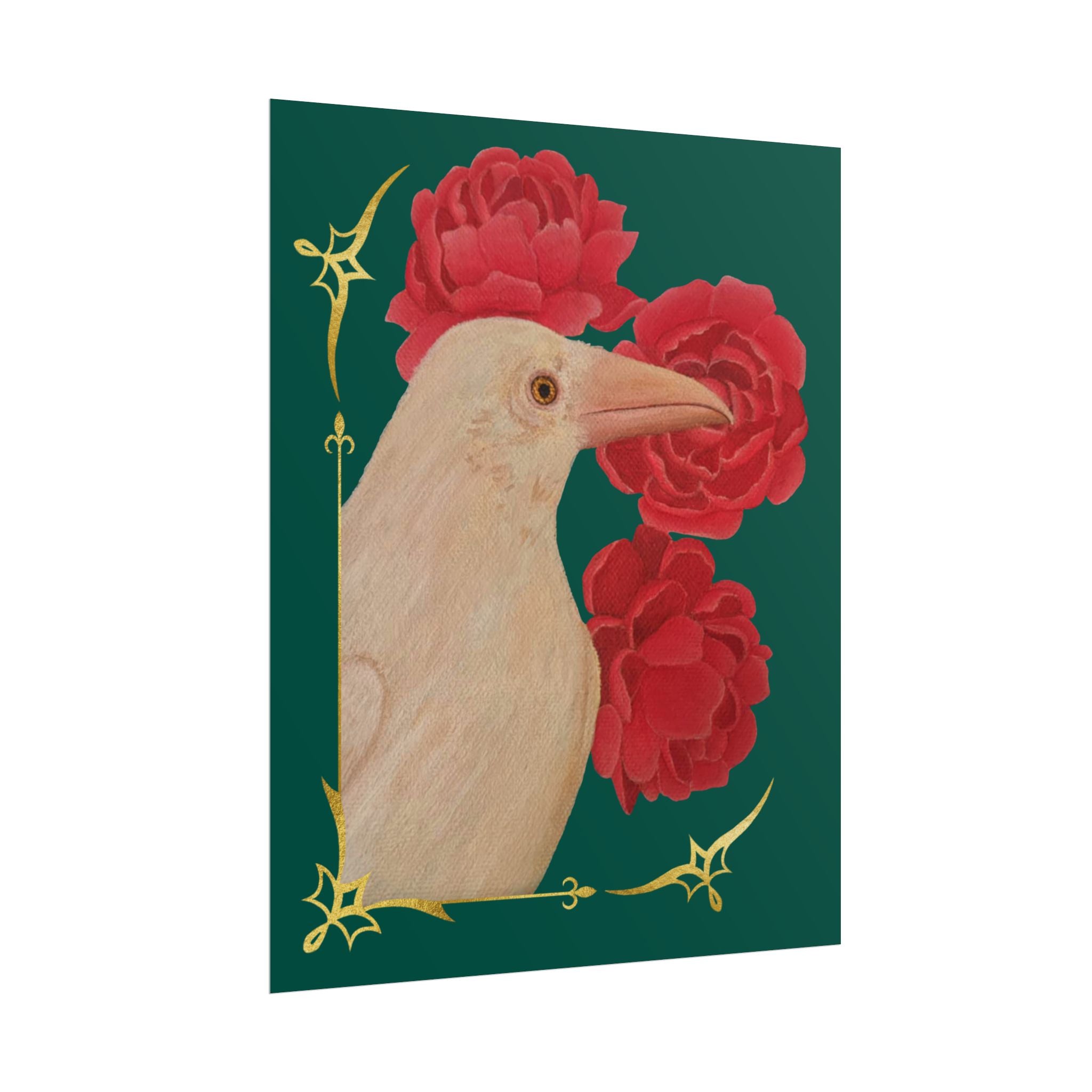 Poster — Ivory Raven with Red Peonies, Gold Accent Art Print