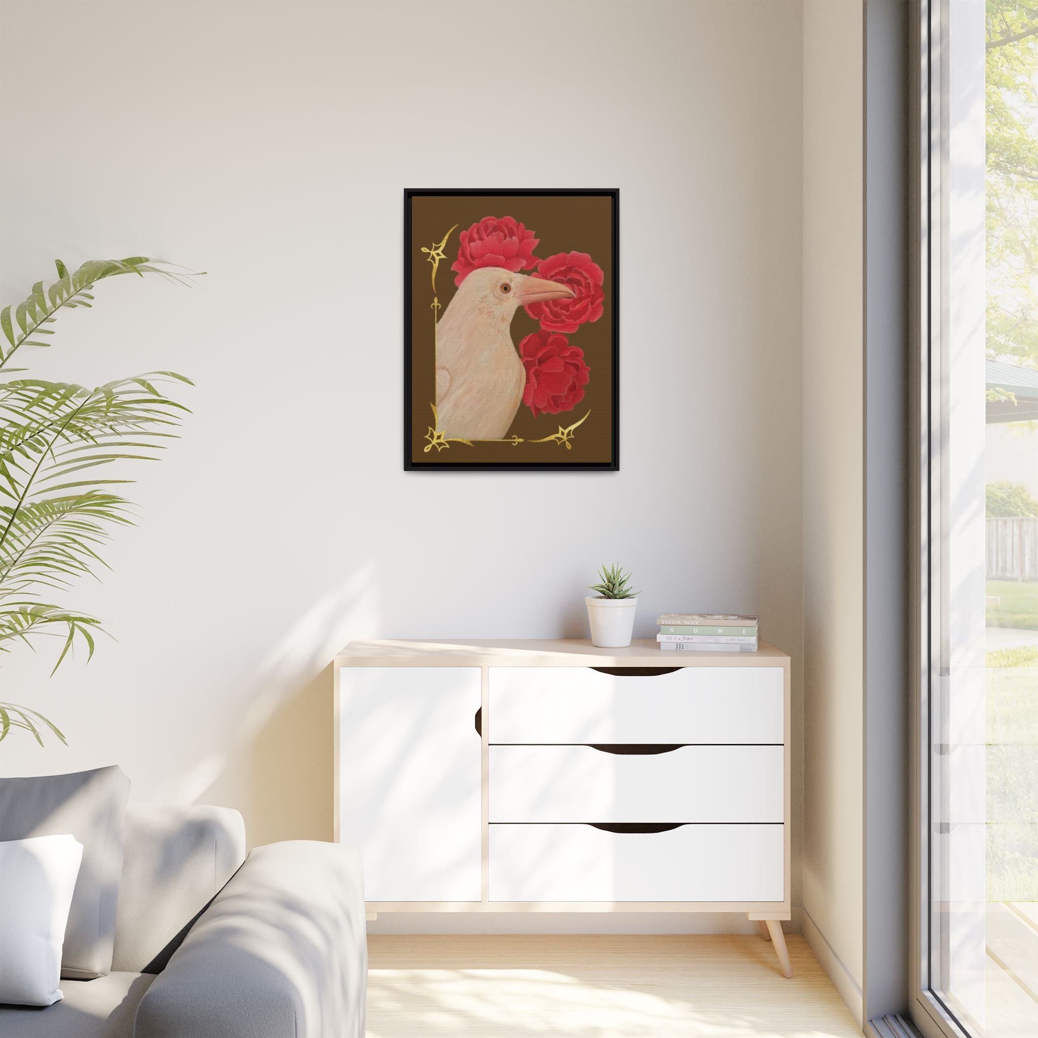 Framed Matte Canvas: White Raven with Red Peonies Art Print