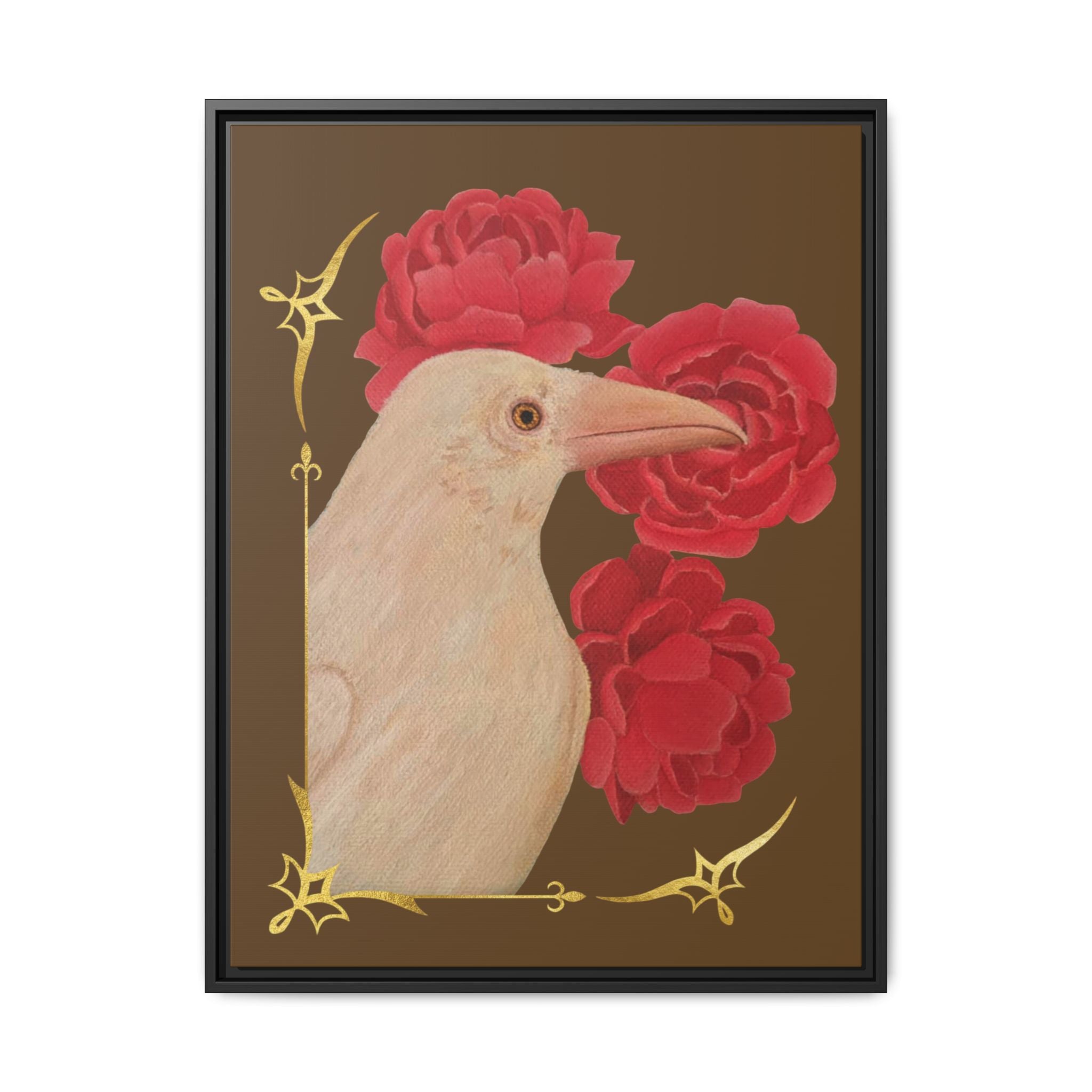 Framed Matte Canvas: White Raven with Red Peonies Art Print
