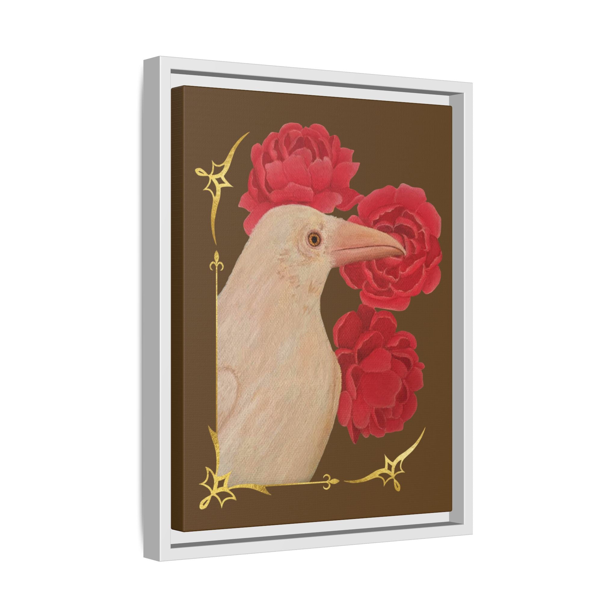 Framed Matte Canvas: White Raven with Red Peonies Art Print