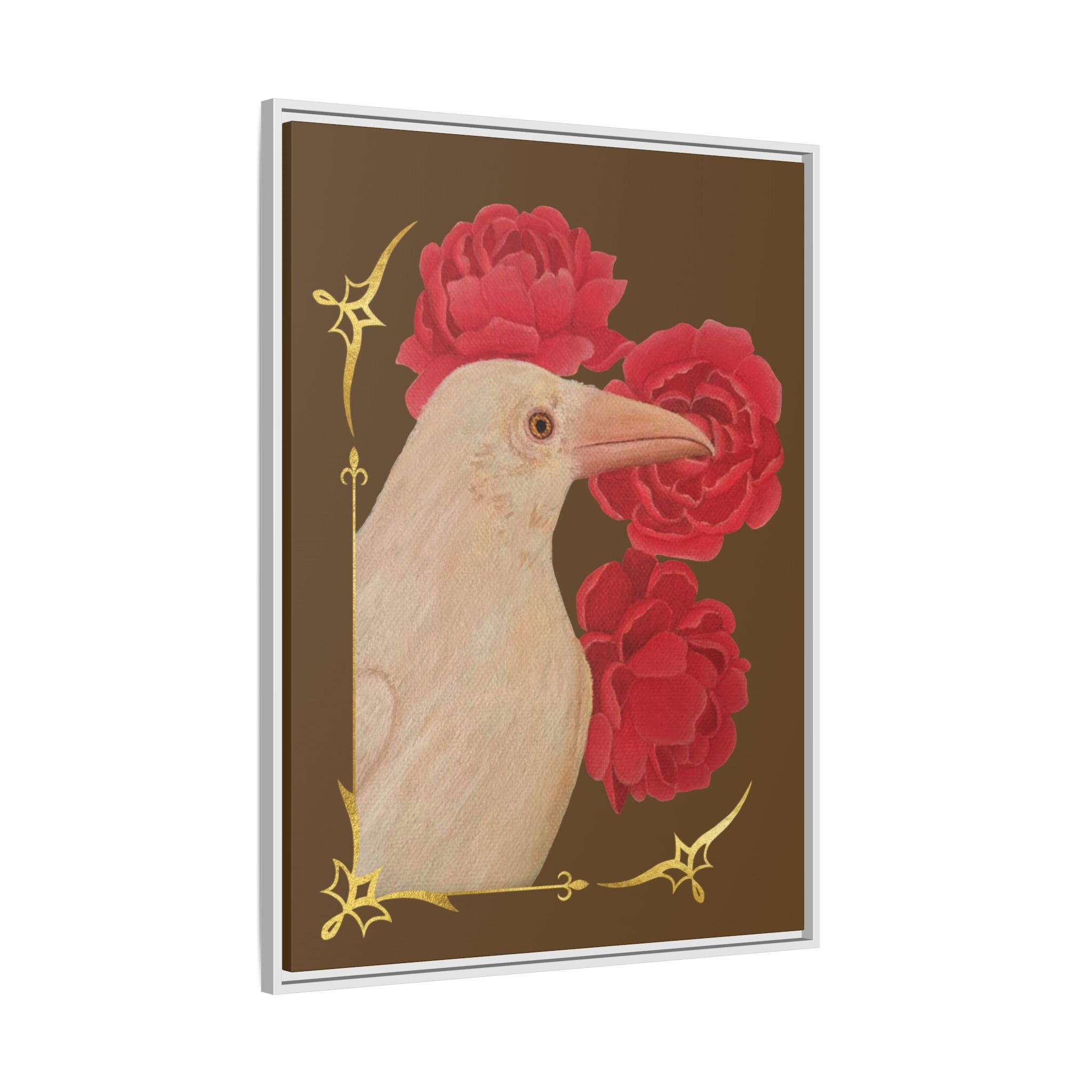 Framed Matte Canvas: White Raven with Red Peonies Art Print