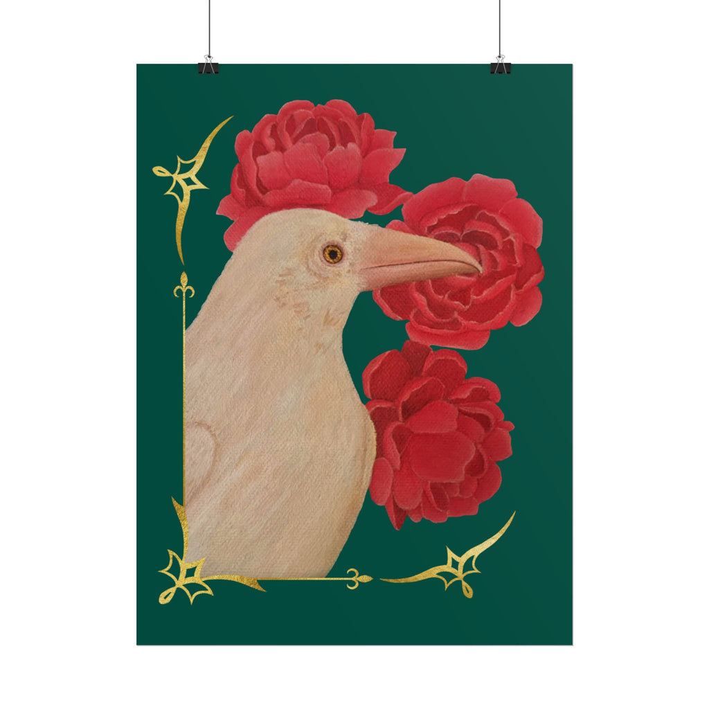 Poster — Ivory Raven with Red Peonies, Gold Accent Art Print