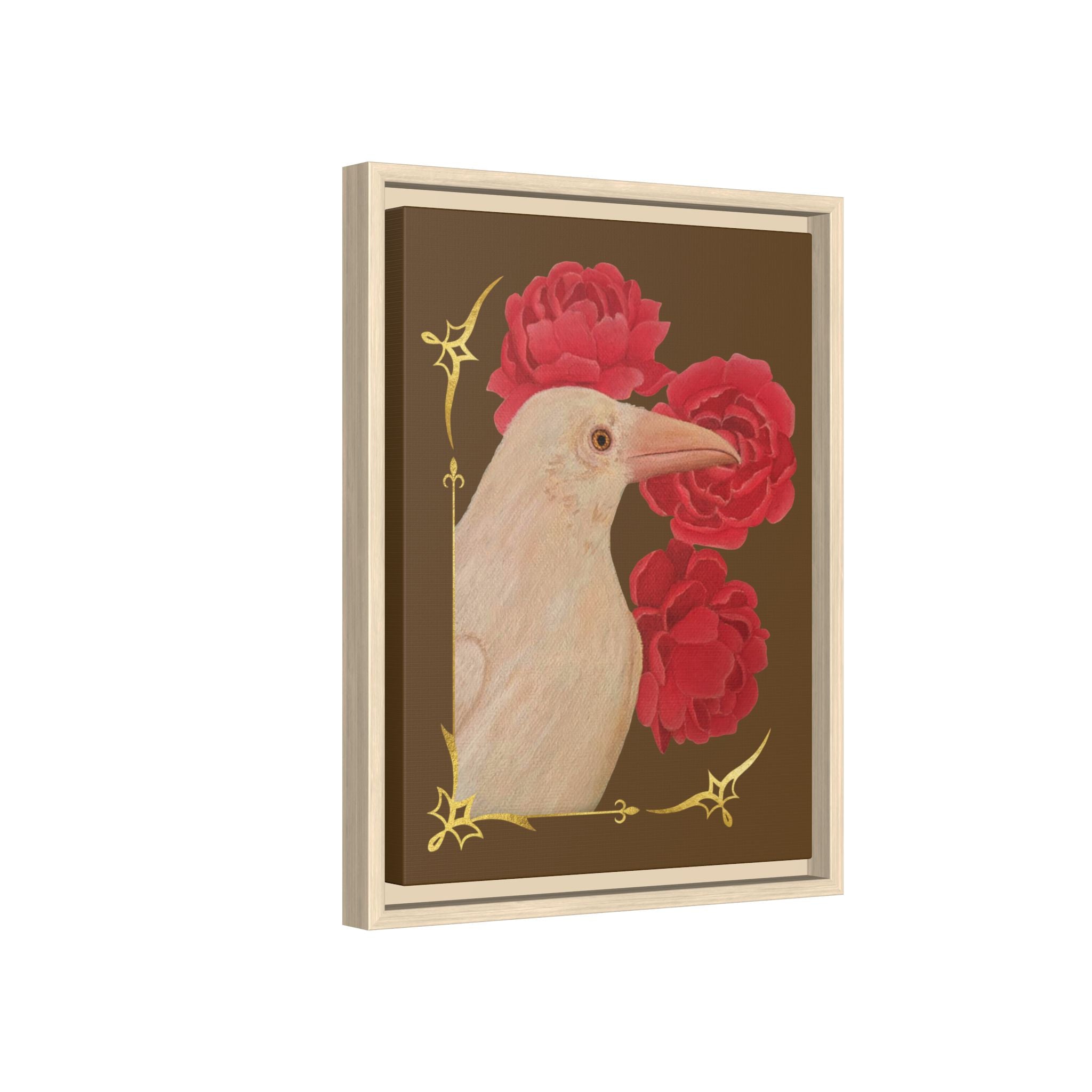 Framed Matte Canvas: White Raven with Red Peonies Art Print
