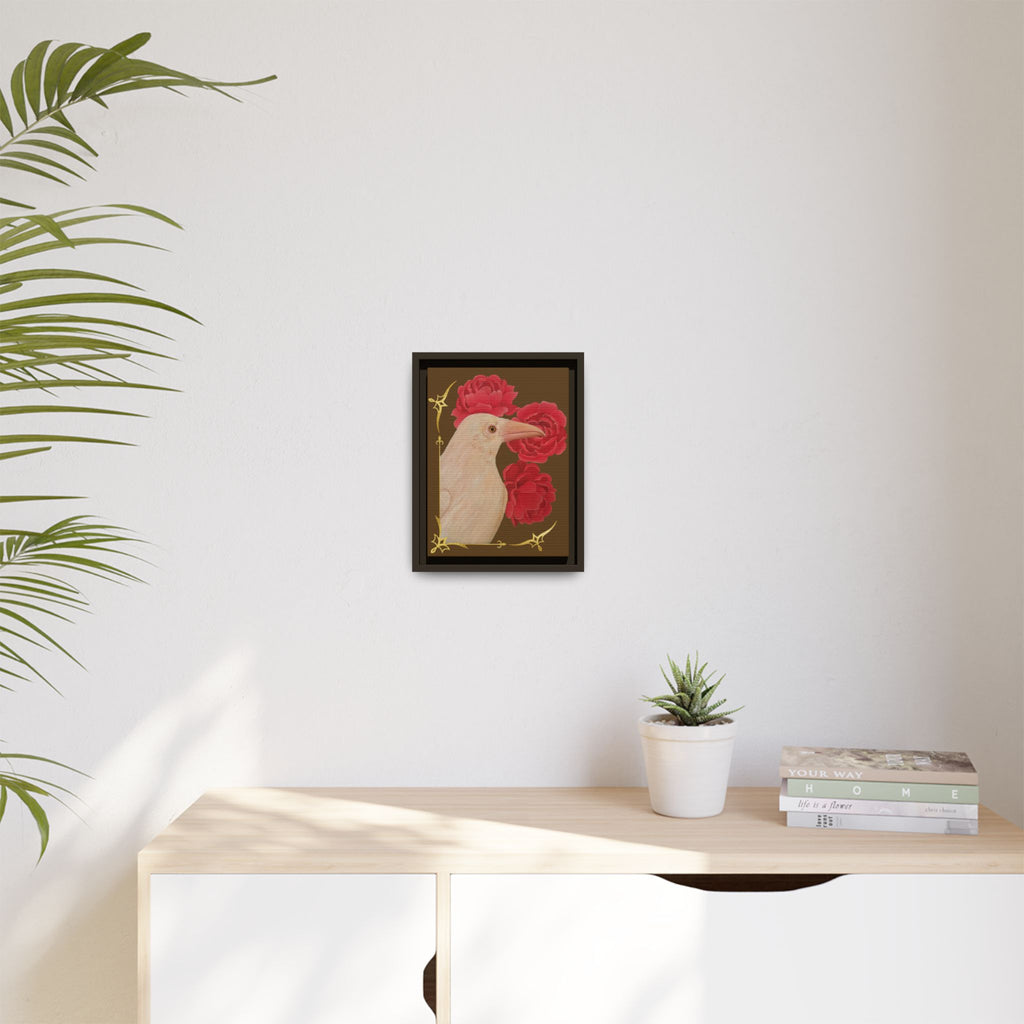 Framed Matte Canvas: White Raven with Red Peonies Art Print