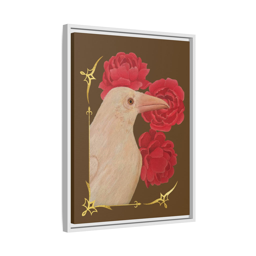 Framed Matte Canvas: White Raven with Red Peonies Art Print