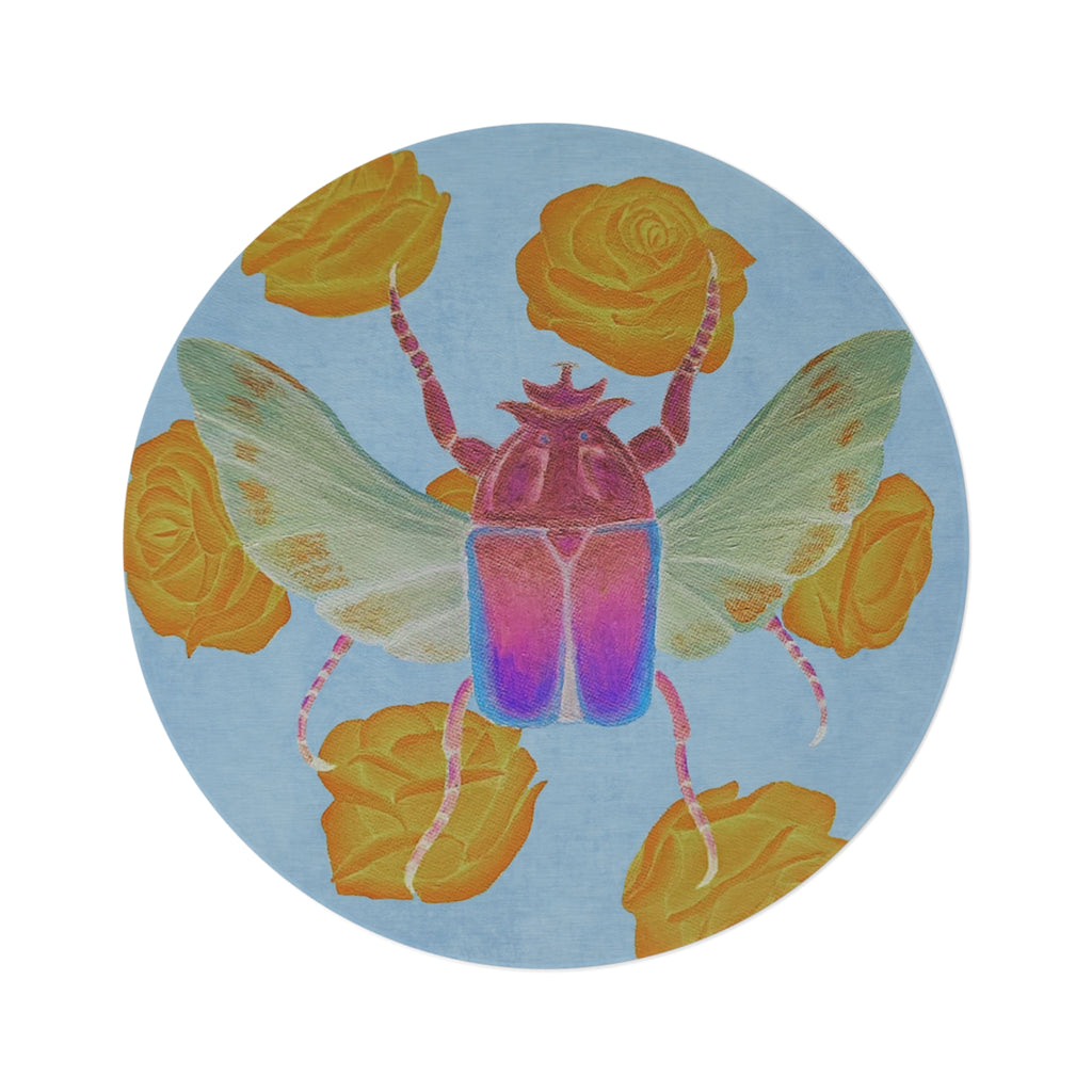 Round Botanical Beetle Rug — Colorful Scarab & Yellow Roses Accent Mat