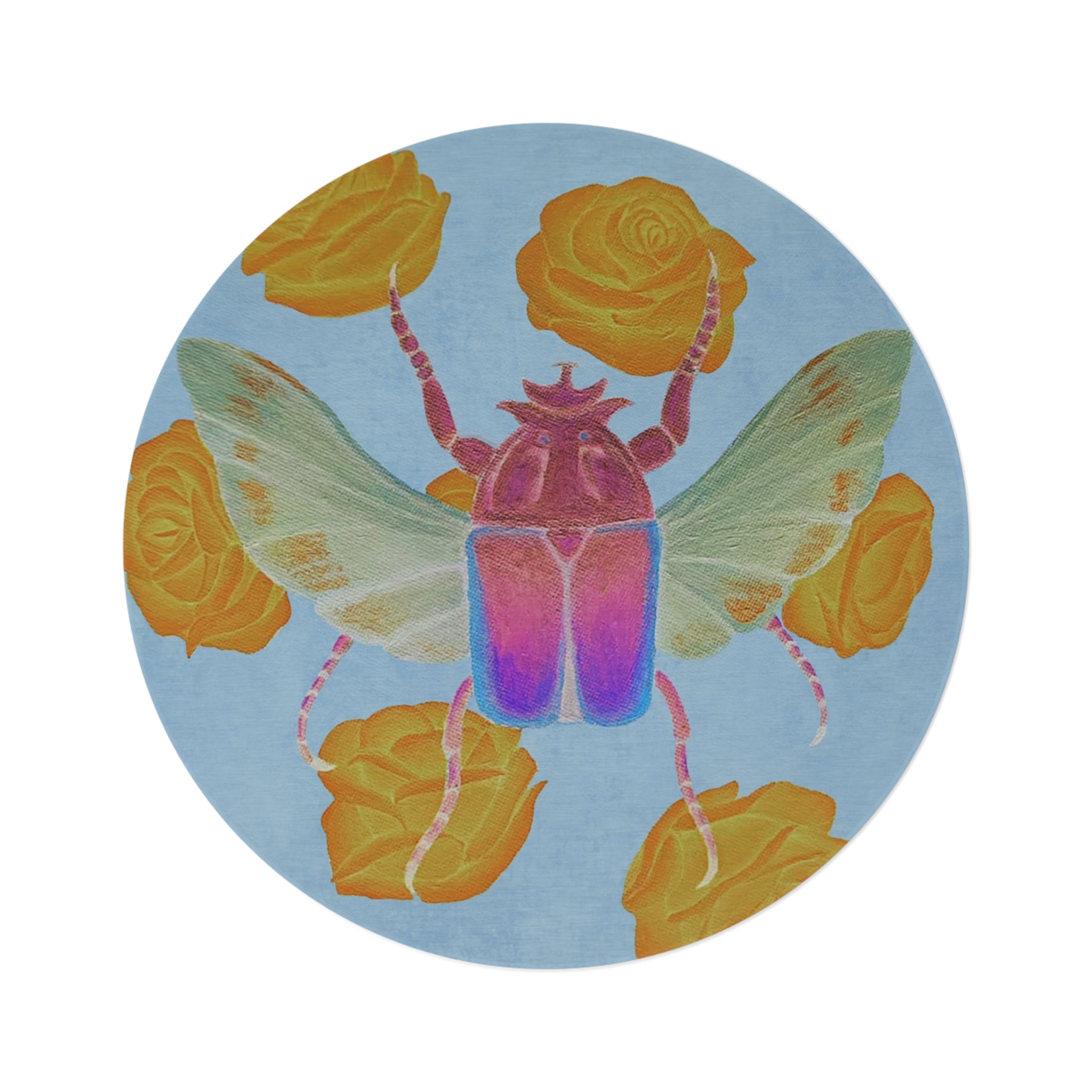 Round Botanical Beetle Rug — Colorful Scarab & Yellow Roses Accent Mat