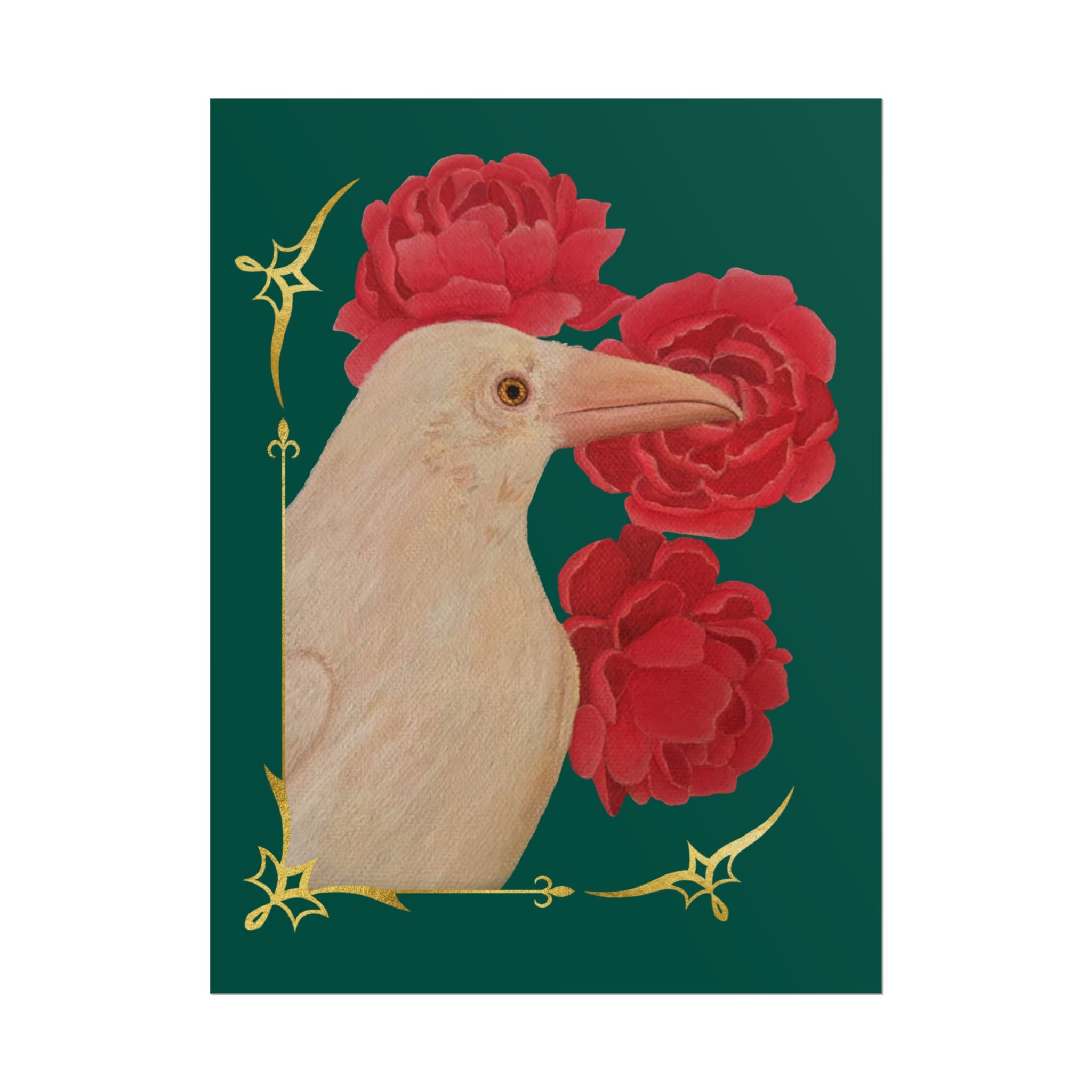 Poster — Ivory Raven with Red Peonies, Gold Accent Art Print