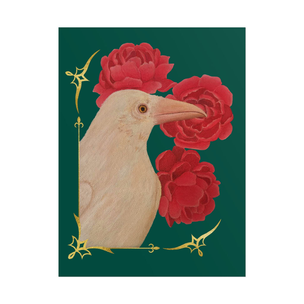 Poster — Ivory Raven with Red Peonies, Gold Accent Art Print