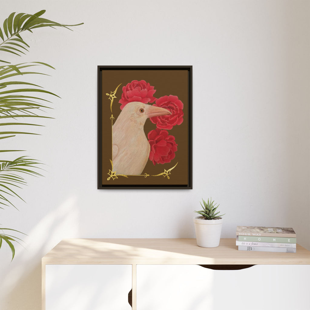 Framed Matte Canvas: White Raven with Red Peonies Art Print
