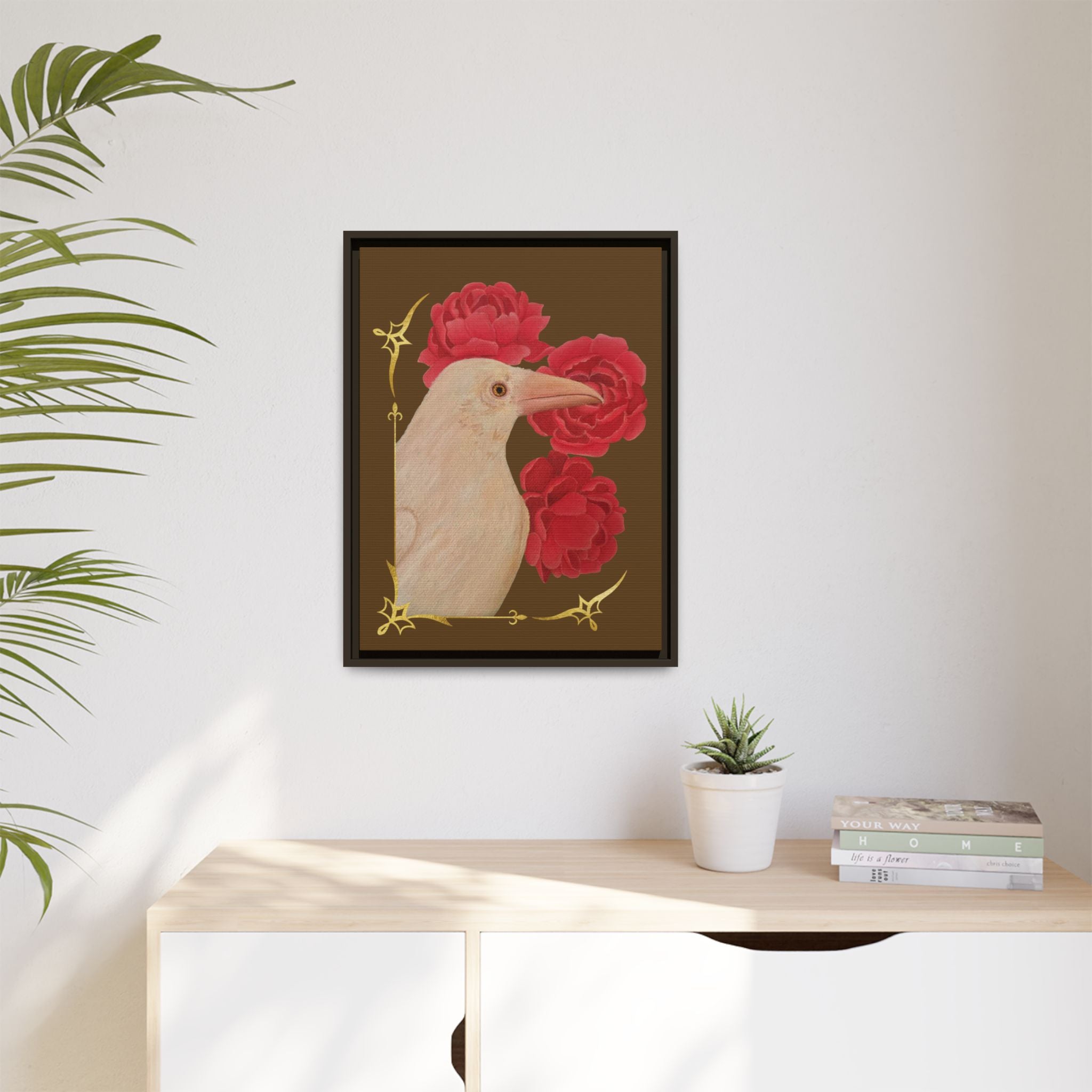 Framed Matte Canvas: White Raven with Red Peonies Art Print